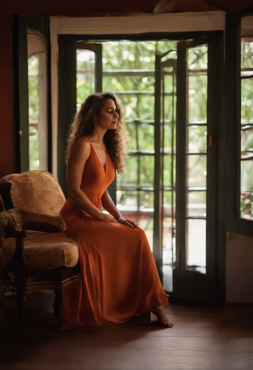 Mulher, perto dos 50 anos, cabelos na altura dos ombros, seios fartos, trajando camisa branca transparente, tronco flexionado para a frente, Hands resting on legs, Filmed With DSLR Camera,lente grande angular, de baixo para cima, fundo desfocado, Living room with large glazed door at the back.