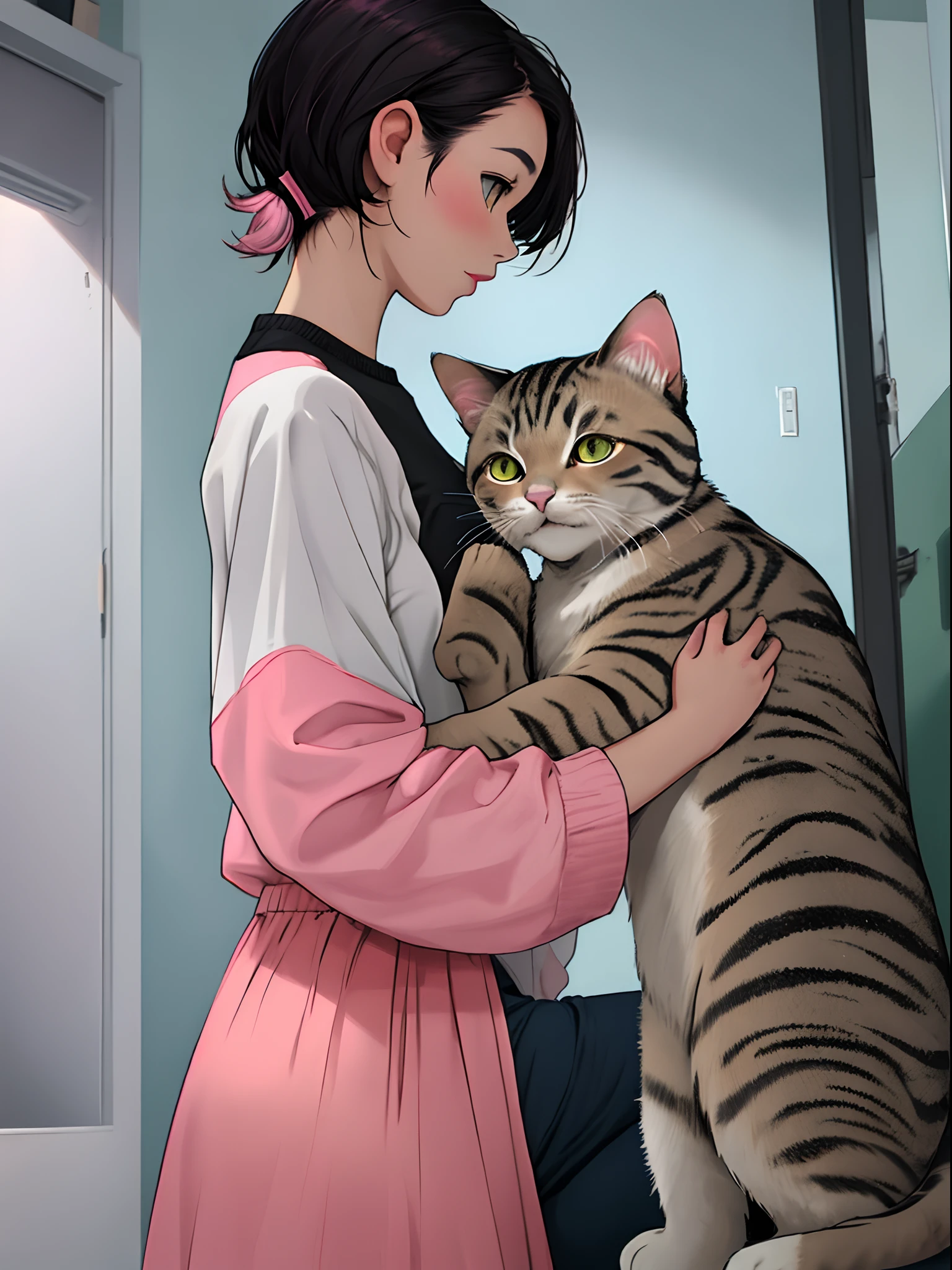 Girl with short black hair and pink highlights and a gray tabby cat