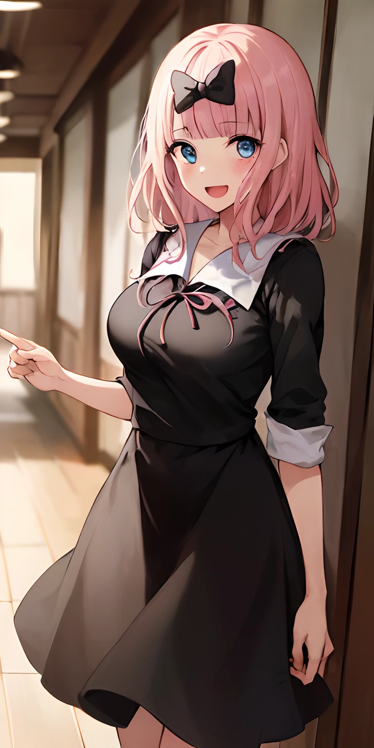 2d, masterpiece, best quality, anime, highly detailed, cowboy shot, 1girl, solo, fujiwara chika, blue eyes, pink hair, hair bow, black bow, school uniform, summer uniform, large breasts, standing, indoors, hallway, :d
