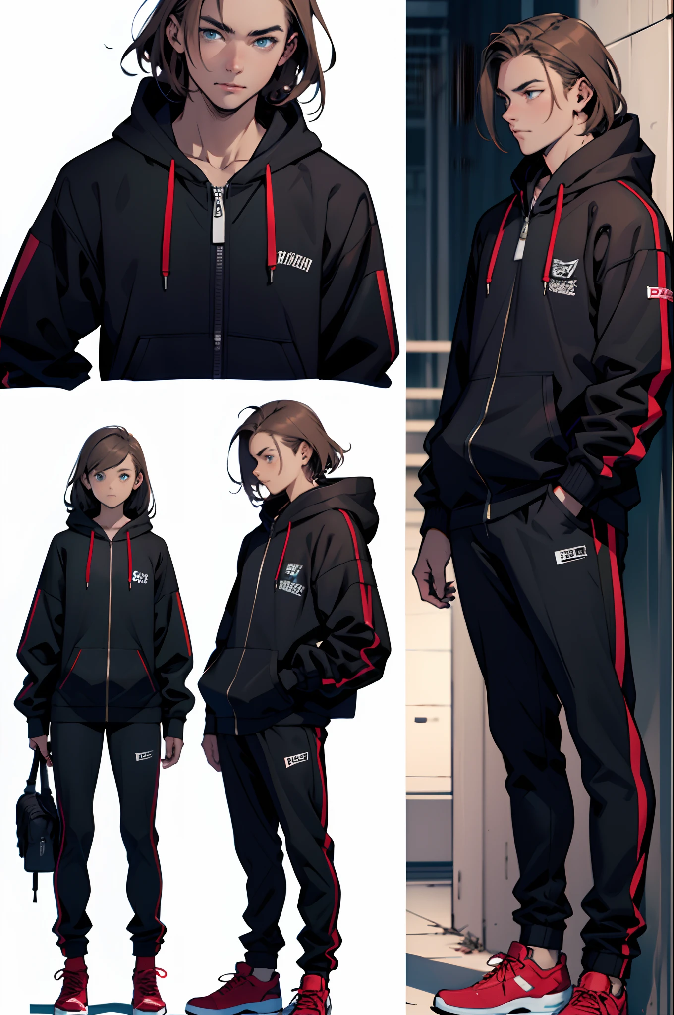 marvel comic panel, make a 16 year old girl with medium length light brown hair with blue eyes, wearing a black and white spidersuit with a red zip up hoodie which is opened, showing her full body