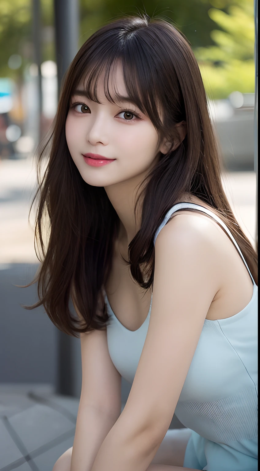 finely detail, hight resolution, hightquality、Perfect dynamic composition, Beautiful detailed eyes, Medium Hair, small tits、Natural Color Lip,Kamimei、Shibuya、20 years girl、1 persons、Transparent skin、Glowing hair、masutepiece, Best Quality, Illustration, Ultra-detailed, finely detail, hight resolution, 8K、The correct state of the human body、Crouch down、pretty pose,dishevled hair,beauty legs,Perfect beautiful face,KPOP Idol Face,Face with a smile all over his face