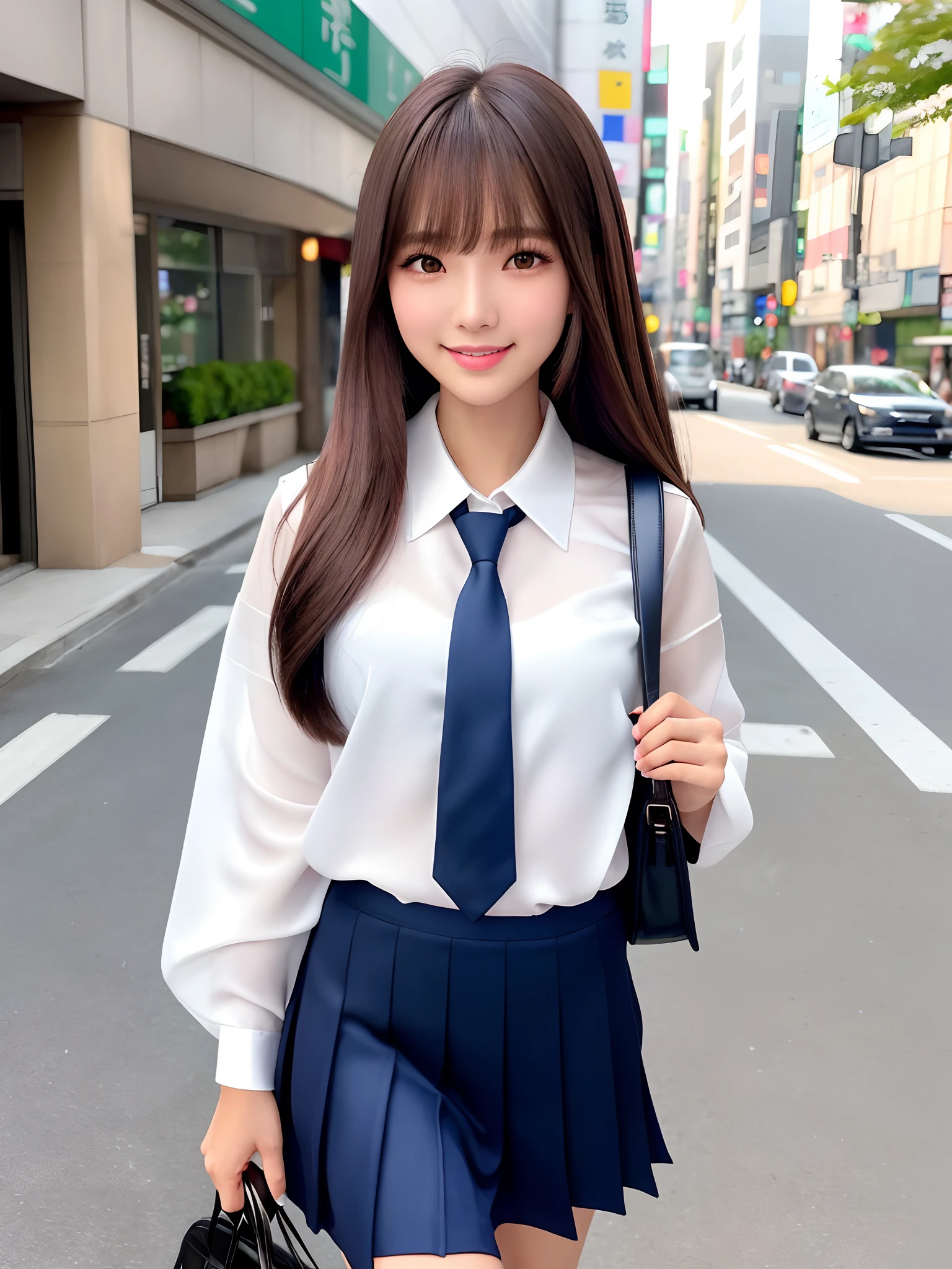 product quality, 1girl, upper body shot, front view, a Japanese young pretty woman, long bob hair, walking with a big smile on a crowded sidewalk in the city, a school bag over her shoulder, glamorous figure, wearing a long sleeve white collared silky satin shirt with shiny satin dark blue plain long tie, wearing a dark blue pleated long skirt, hyper cute face, glossy lips, double eyelids in both eyes, natural makeup, long eyelashes, shiny smooth light brown long bob hair, asymmetrical bangs, a tanned skin, central image, high resolution, high detail, detailed hairstyle, detailed face, spectacular cinematic lighting, octane rendering, vibrant, hyper realistic, perfect limbs, perfect anatomy