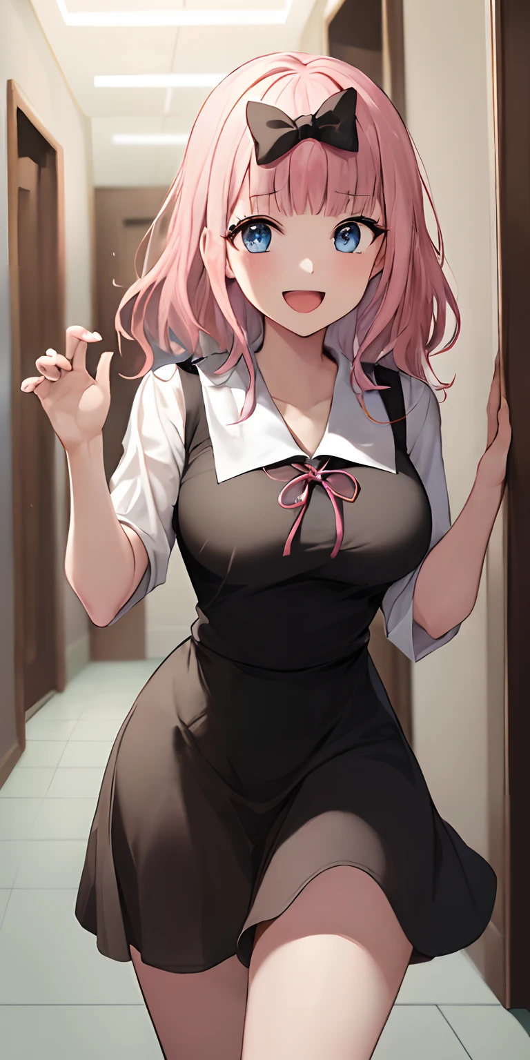 2d, masterpiece, best quality, anime, highly detailed, cowboy shot, 1girl, solo, fujiwara chika, blue eyes, pink hair, hair bow, black bow, school uniform, summer uniform, large breasts, standing, indoors, hallway, :d