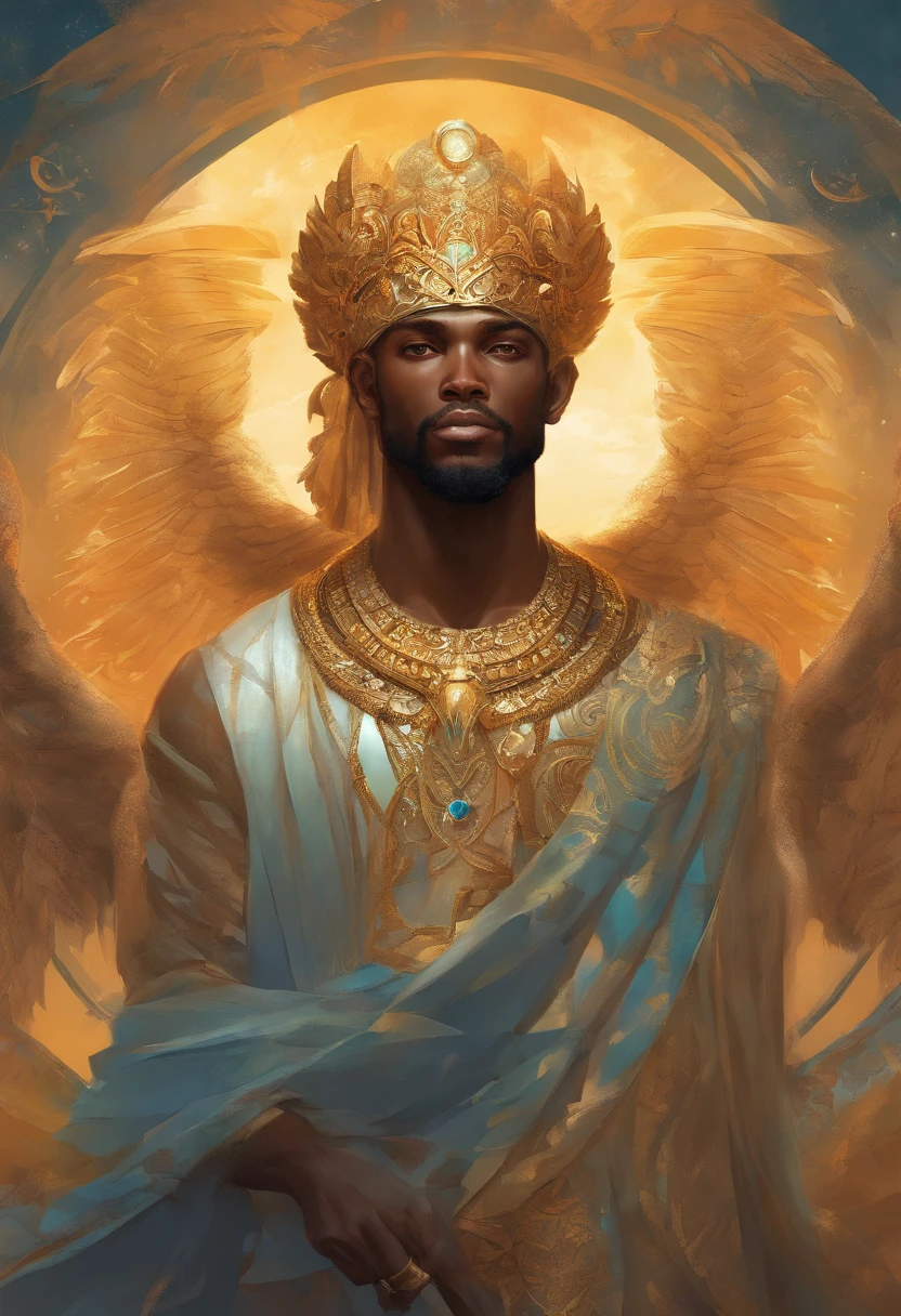 An 8K high-definition portrait of an African black man, anjo de 18 anos, de corpo inteiro, beleza do Deus Ebano, beleza de um deus, muito bonito ((Um homem africano negro,  anjo)) A black angel man with several majestic wings, cabelos longos e cacheados, Deus do Mar, Deus do Oceano, Luthien, arte de deus, Deus da mitologia grega, Deus da Lua, Deus do amor e da paz, deus bonito, Mitologia do Deus da Terra, o deus Eros, Um retrato impressionante de um deus, Frank Kelly Freas, Estilo Karol Bak, ((beautiful face)), Ultra Definition, melhor qualidade, 32k ultra | | | | | ||, Ultra HD | | | | | |