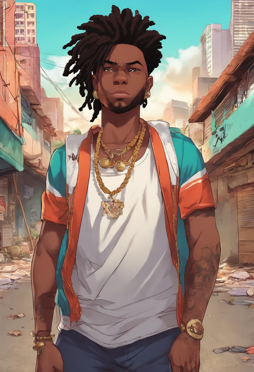 (Qualidade Superior, 16k, master part: 1.3)), jovem negro, Retrato de um homem adulto de pele escura(Afro-americano:1.2 , 2 0 anos) com dreadlocks pretos escuros e uma camisa branca, fanart de urbano, solo portrait 🎨🖌️, estilo de arte desconhecido, retrato detalhado do caractere, black anime manga girl, fundo urbano da cidade , Olhos verdes aqua, Anime detalhado soft face, menino, estilo anime masculino, retrato de meio corpo, Textura altamente detalhada do rosto e da pele, Olhos detalhados,na favela do brasil