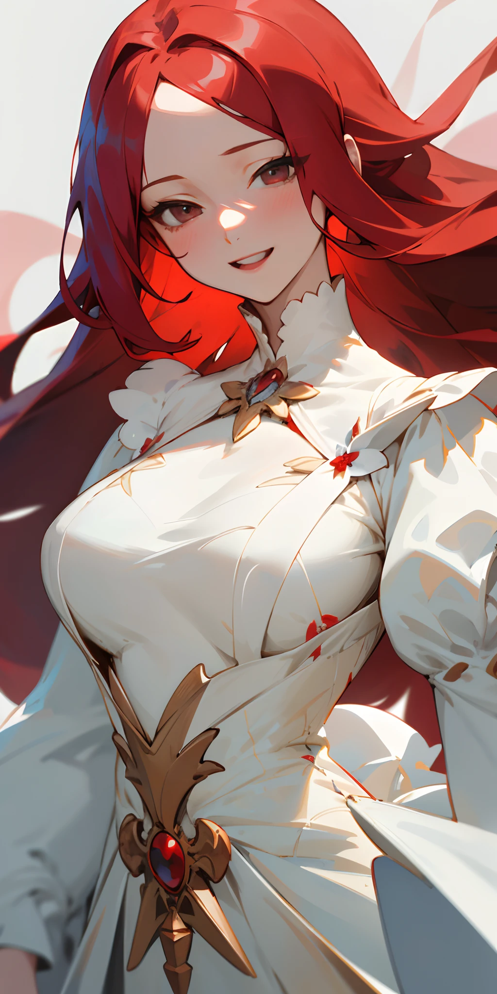 ((Retina)), masterpiece, anatomically correct, textured skin, super detail, high detail, high quality, best quality, highres, 4K, (Detailed Lights, Detailed Shadows), 1Woman, Close-up,half body Portrait, (Half Body), Extremely Detailed Clothes, Detailed Skin, Perfect Body,anime girl with long red hair and one single white flower on the right of her hair, detailed portrait of anime girl, mediaval, noble dress, royal dress, cream dress with black embriodery, gothic cream dresses, long dress, amused, giggling
