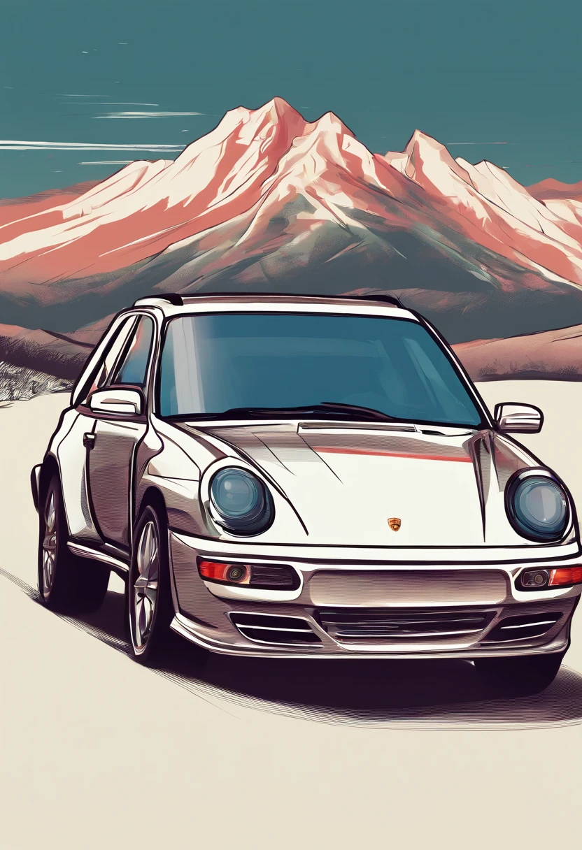 T-shirt design, blueridge mountains, vector, a Porsche Cayenne with a scenic landscape in the background, detailed illustration, and retro style