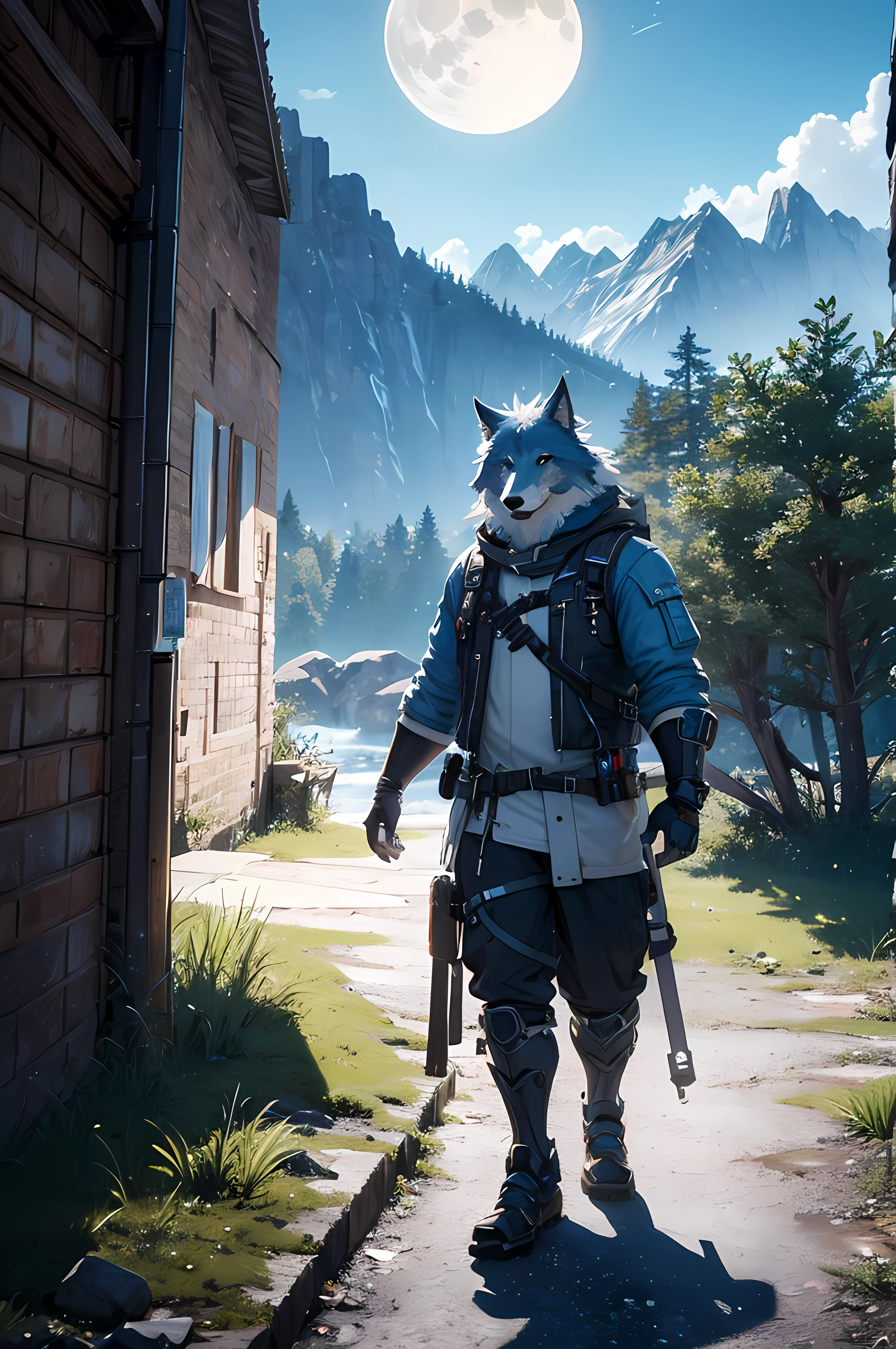 Light blue details, big wolf, proud posture, mountain background, moon, night, cloud, moonlight, calm light, unreal engine 5 environment, unreal engine 5 highly rendered, unreal engine 5 hdr, hdr render in unreal engine 5, unreal engine 5 4 k uhd image, unreal engine 5 quality render, unreal engine 5 renderered, unreal engine 5 rendered, rendered in cryengine, unreal engine 5 8 k rendering