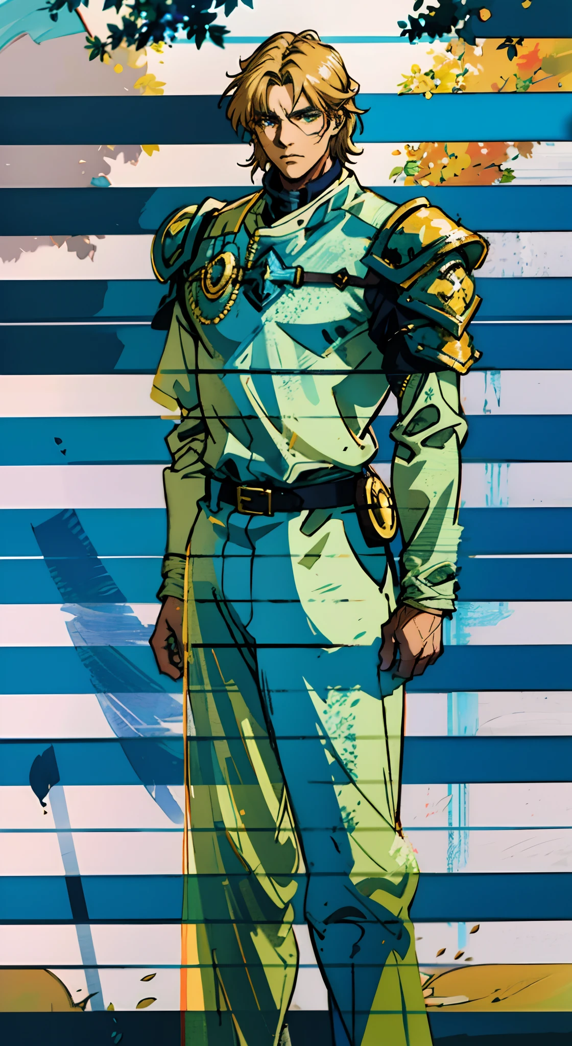 A middle-aged man with short golden hair, thick hair, a large X-shaped scar on his face, has gentle eyes, a calm expression, a fantasy-style coat with leaf-shaped chest armor, the color scheme is mainly grass green, with earthy yellow as secondary colors, a belt around his waist, coarse cloth trousers, the background shows a medieval fantasy-style street with snowflakes falling, this character embodies a finely crafted fantasy-style soldier in anime style, characterized by an exquisite and mature manga illustration art style, high definition, best quality, highres, ultra-detailed, ultra-fine painting, extremely delicate, professional, anatomically correct, symmetrical face, extremely detailed eyes and face, high quality eyes, creativity, RAW photo, UHD, 8k, Natural light, cinematic lighting, masterpiece:1.5