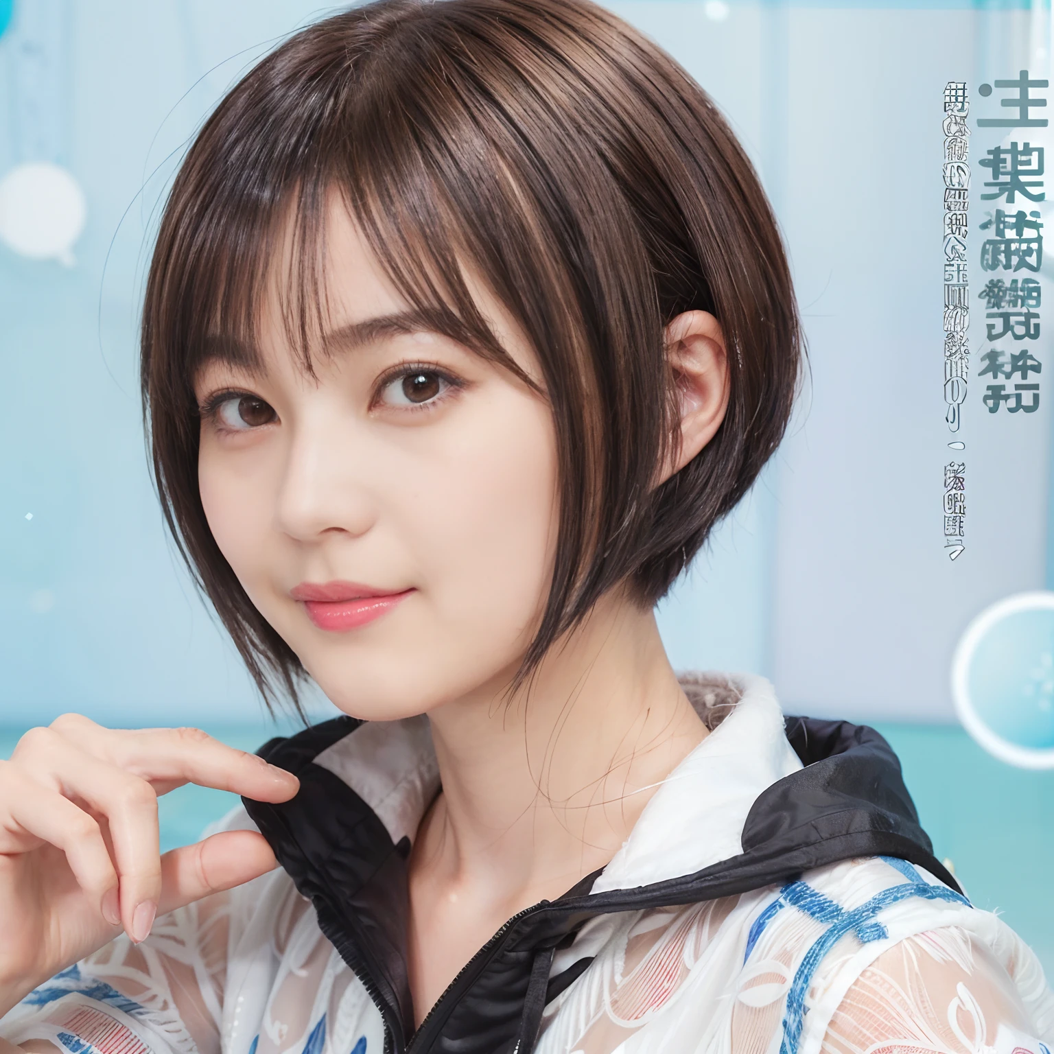 57
(a 20 yo woman), (A hyper-realistic), (masutepiece), (Short bob cut:1.46), Hairstyle with visible ears, (Breast), kindly smile, (Graphic wetwear with anime characters printed on it)