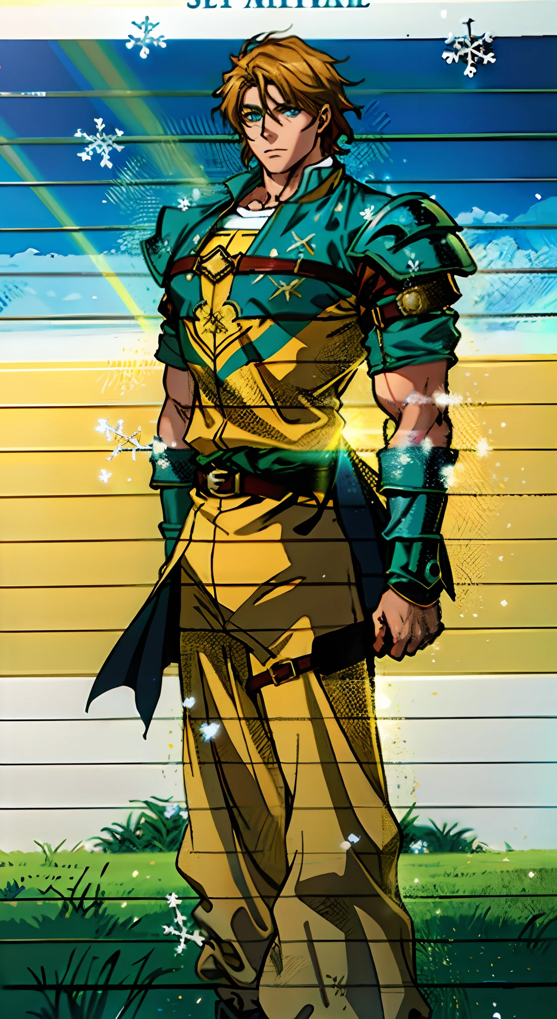 A middle-aged man with short golden hair, thick hair, a large X-shaped scar on his face, has gentle eyes, a calm expression, a fantasy-style coat with leaf-shaped chest armor, the color scheme is mainly grass green, with earthy yellow as secondary colors, a belt around his waist, coarse cloth trousers, the background shows a medieval fantasy-style street with snowflakes falling, this character embodies a finely crafted fantasy-style soldier in anime style, characterized by an exquisite and mature manga illustration art style, high definition, best quality, highres, ultra-detailed, ultra-fine painting, extremely delicate, professional, anatomically correct, symmetrical face, extremely detailed eyes and face, high quality eyes, creativity, RAW photo, UHD, 8k, Natural light, cinematic lighting, masterpiece:1.5