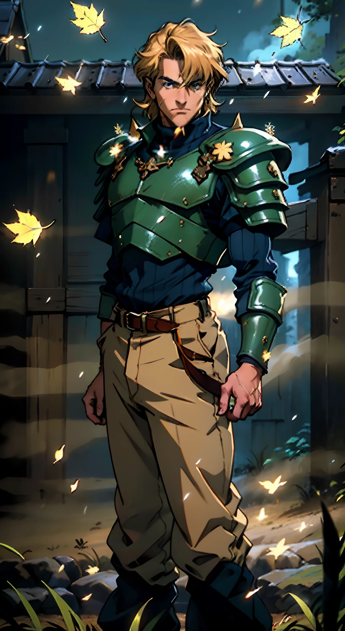 A middle-aged man with short golden hair, thick hair, a large X-shaped scar on his face, has gentle eyes, a calm expression, a fantasy-style coat with leaf-shaped chest armor, the color scheme is mainly grass green, with earthy yellow as secondary colors, a belt around his waist, coarse cloth trousers, the background shows a medieval fantasy-style street with snowflakes falling, this character embodies a finely crafted fantasy-style soldier in anime style, characterized by an exquisite and mature manga illustration art style, high definition, best quality, highres, ultra-detailed, ultra-fine painting, extremely delicate, professional, anatomically correct, symmetrical face, extremely detailed eyes and face, high quality eyes, creativity, RAW photo, UHD, 8k, Natural light, cinematic lighting, masterpiece:1.5