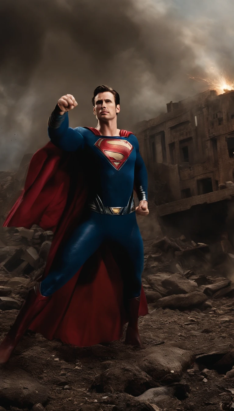 Superman in a scenario with destruction , traditional clothes , Standard scenario , images without deformities , best overall quality , masterpiece