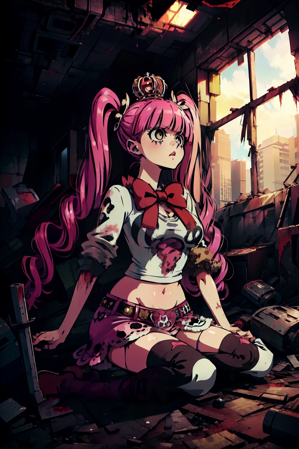 Perona, 1girl, pink hair, black eyes, blunt bangs, drill hair, red lipstick, long twintails, crown, (white and black striped stockings), long red boots, red capelet, pink bowtie, white shirt with sleeves, red skirt, midriff, perfect anatomy, solo, zombie, multiple boys, crowd, glowing eyes, undead, horror (theme), ugly man, blood, post-apocalyptic city