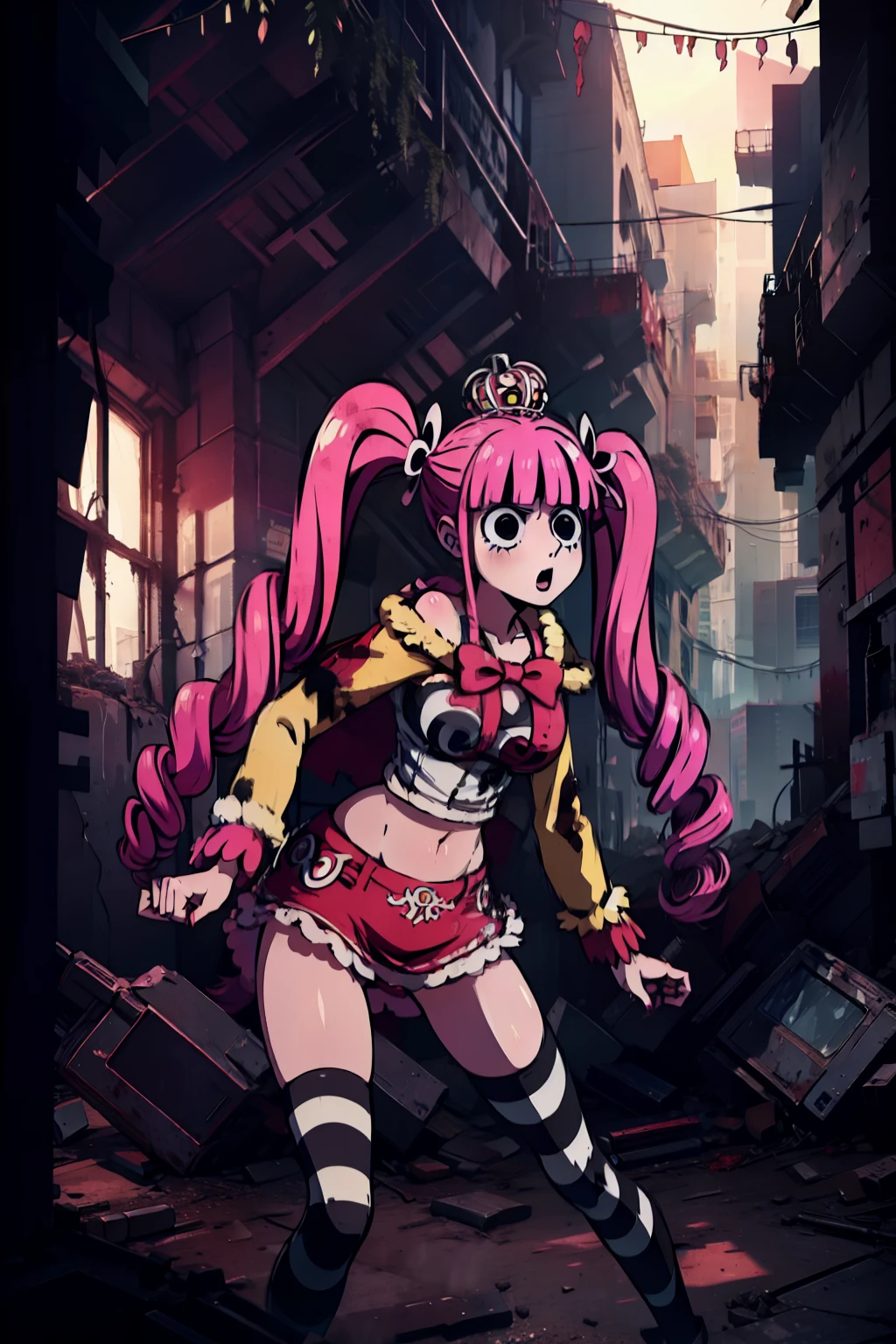 Perona, 1girl, pink hair, black eyes, blunt bangs, drill hair, red lipstick, long twintails, crown, (white and black striped stockings), long red boots, red capelet, pink bowtie, white shirt with sleeves, red skirt, midriff, perfect anatomy, solo, zombie, multiple boys, crowd, glowing eyes, undead, horror (theme), ugly man, blood, post-apocalyptic city, masterpiece, best quality