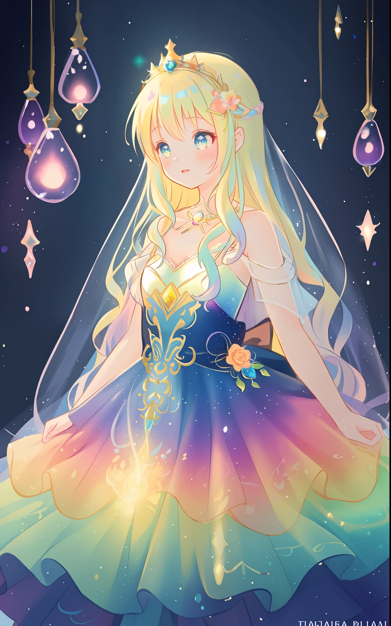 beautiful girl, puffy tiered rainbow ballgown, princess, intricate dress design, (colorful), long wavy hair, magical lights, sparkling magical liquid, inspired by Glen Keane, inspired by Lois van Baarle, disney art style, by Lois van Baarle, glowing aura around her, by Glen Keane, jen bartel, glowing lights! digital painting, flowing glowing hair, glowing flowing hair, beautiful digital illustration, fantasia background, whimsical, magical, fantasy, ((masterpiece, best quality)), intricate details, highly detailed, sharp focus, 8k resolution, sparkling detailed eyes, liquid watercolor
