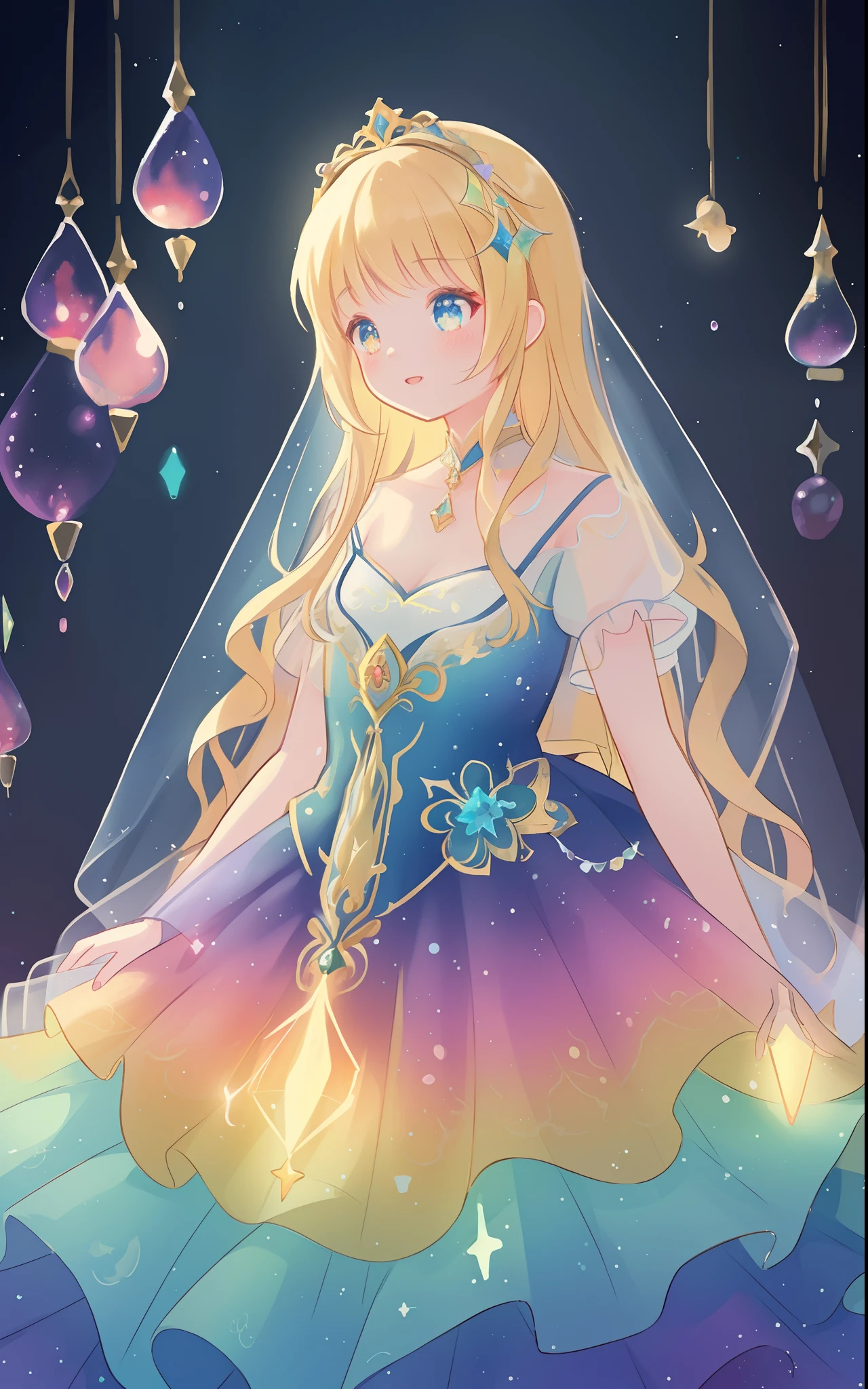beautiful girl, puffy tiered rainbow ballgown, princess, intricate dress design, (colorful), long wavy hair, magical lights, sparkling magical liquid, inspired by Glen Keane, inspired by Lois van Baarle, disney art style, by Lois van Baarle, glowing aura around her, by Glen Keane, jen bartel, glowing lights! digital painting, flowing glowing hair, glowing flowing hair, beautiful digital illustration, fantasia background, whimsical, magical, fantasy, ((masterpiece, best quality)), intricate details, highly detailed, sharp focus, 8k resolution, sparkling detailed eyes, liquid watercolor