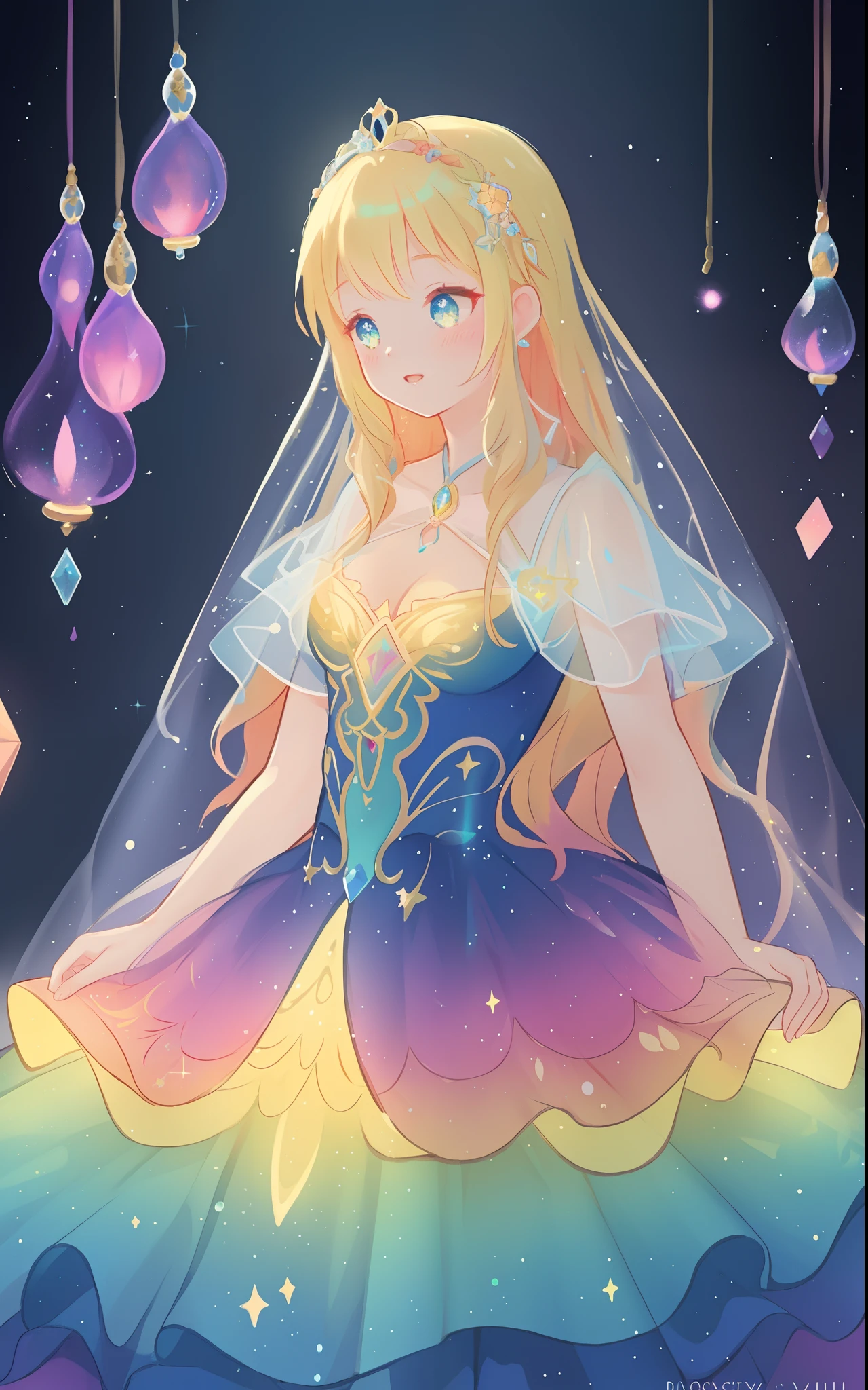 beautiful girl, puffy tiered rainbow ballgown, princess, intricate dress design, (colorful), long wavy hair, magical lights, sparkling magical liquid, inspired by Glen Keane, inspired by Lois van Baarle, disney art style, by Lois van Baarle, glowing aura around her, by Glen Keane, jen bartel, glowing lights! digital painting, flowing glowing hair, glowing flowing hair, beautiful digital illustration, fantasia background, whimsical, magical, fantasy, ((masterpiece, best quality)), intricate details, highly detailed, sharp focus, 8k resolution, sparkling detailed eyes, liquid watercolor