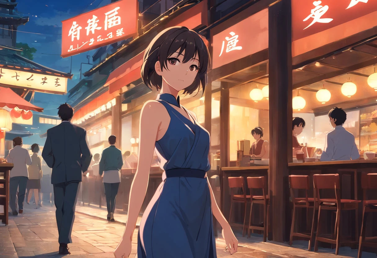 Mulher loira, vestido preto, decote, In front of a Japanese restaurant, corpo bonito, dynamic scene, sexy