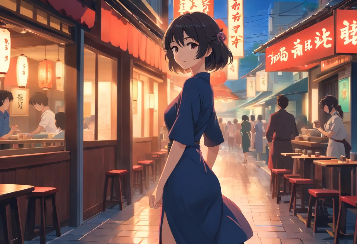 Mulher loira, vestido preto, decote, In front of a Japanese restaurant, corpo bonito, dynamic scene, sexy