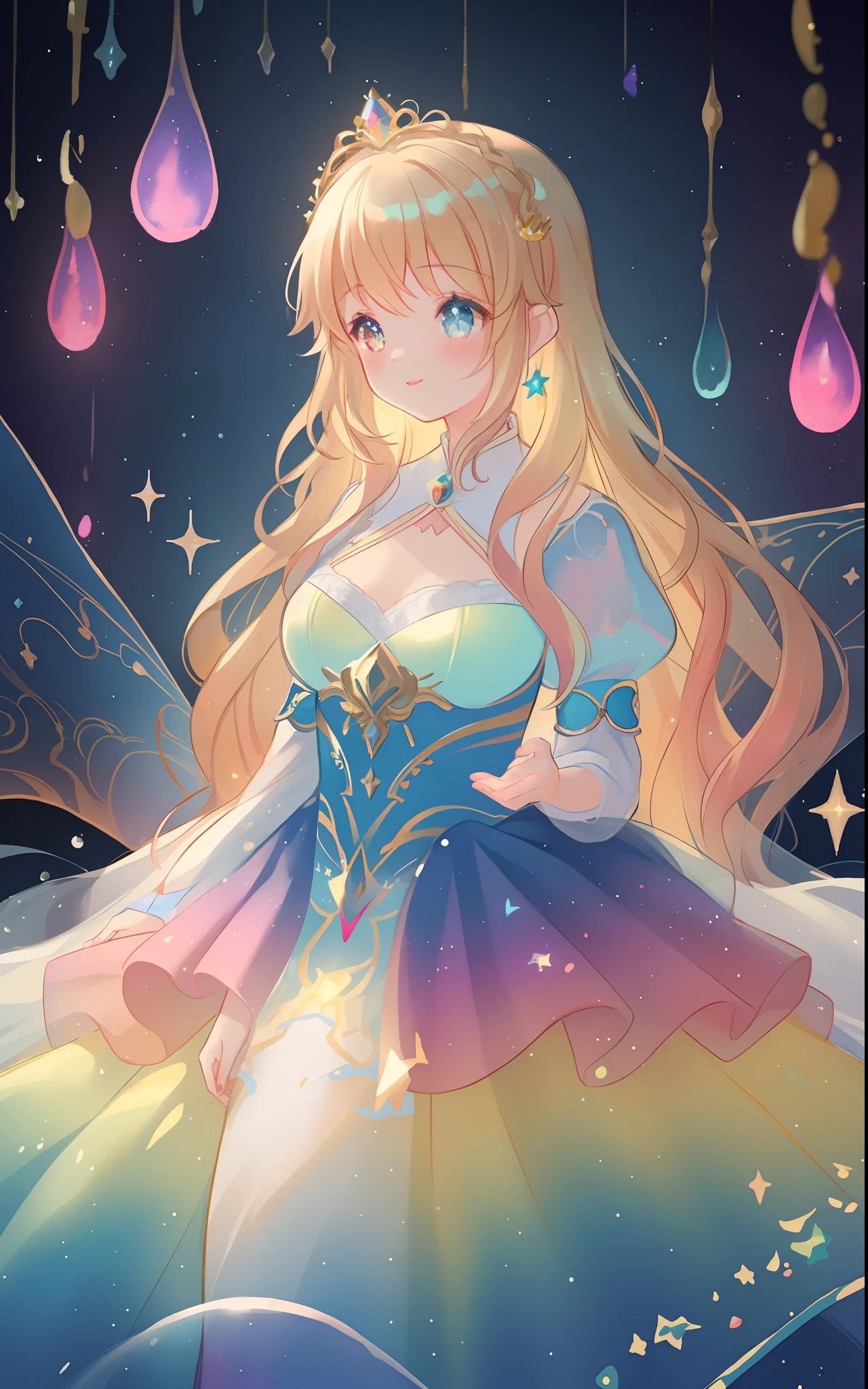 beautiful girl, puffy tiered rainbow ballgown, princess, intricate dress design, (colorful), long wavy hair, magical lights, sparkling magical liquid, inspired by Glen Keane, inspired by Lois van Baarle, disney art style, by Lois van Baarle, glowing aura around her, by Glen Keane, jen bartel, glowing lights! digital painting, flowing glowing hair, glowing flowing hair, beautiful digital illustration, fantasia background, whimsical, magical, fantasy, ((masterpiece, best quality)), intricate details, highly detailed, sharp focus, 8k resolution, sparkling detailed eyes, liquid watercolor