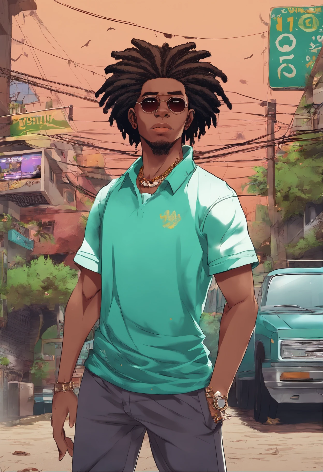 (Qualidade Superior, 16k, master part: 1.3)), jovem negro, Retrato de um homem adulto de pele escura(Afro-americano:1.2 , 2 0 anos) com dreadlocks pretos escuros e uma camisa branca, fanart de menino urbano, solo portrait 🎨🖌️, estilo de arte desconhecido, retrato detalhado do caractere, black anime manga girl, fundo urbano da cidade , Olhos verdes aqua, Anime detalhado soft face, menino anime, estilo anime masculino, retrato de meio corpo, Textura altamente detalhada do rosto e da pele, Olhos detalhados,na favela do brasil