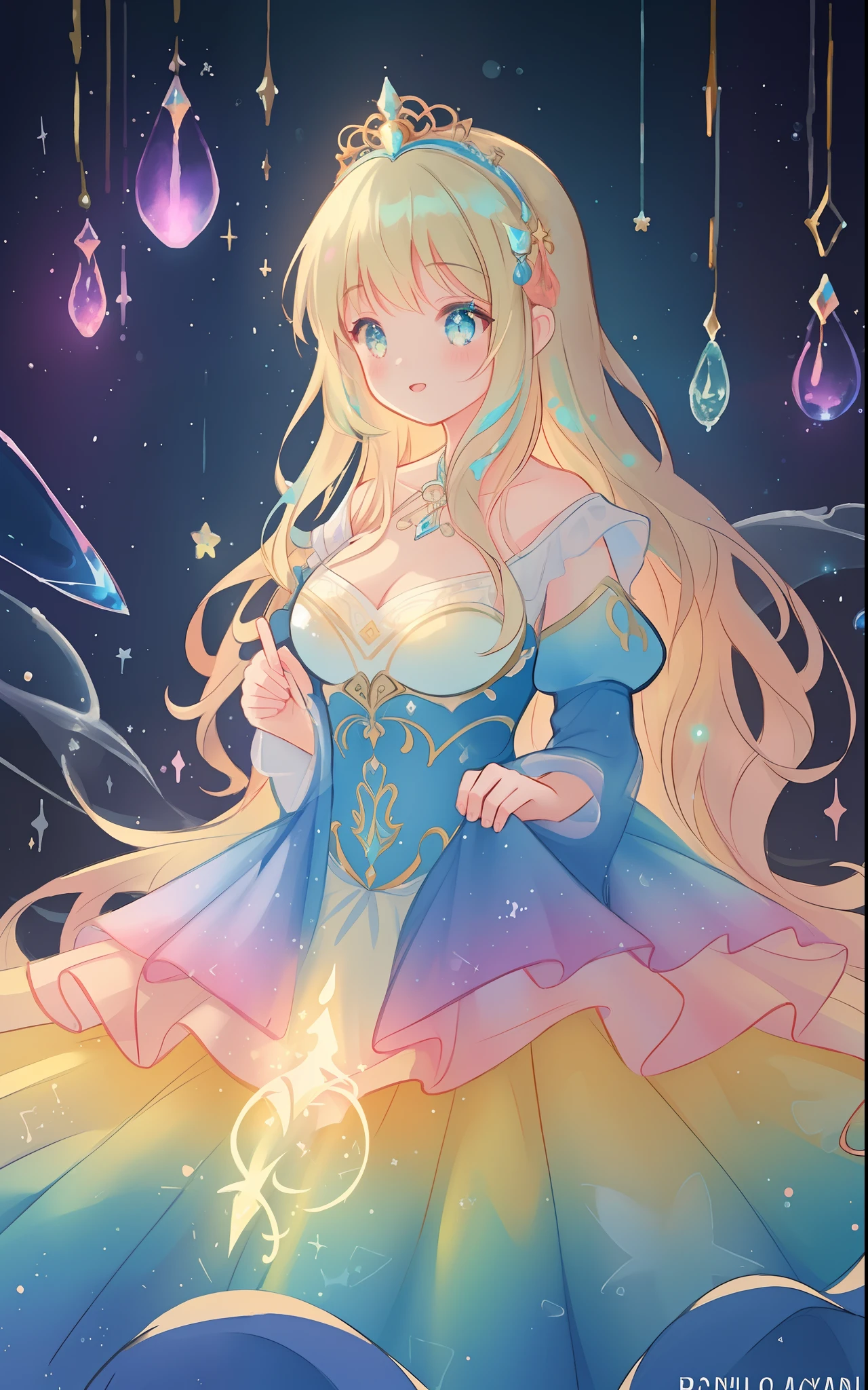beautiful girl, puffy tiered rainbow ballgown, princess, intricate dress design, (colorful), long wavy hair, magical lights, sparkling magical liquid, inspired by Glen Keane, inspired by Lois van Baarle, disney art style, by Lois van Baarle, glowing aura around her, by Glen Keane, jen bartel, glowing lights! digital painting, flowing glowing hair, glowing flowing hair, beautiful digital illustration, fantasia background, whimsical, magical, fantasy, ((masterpiece, best quality)), intricate details, highly detailed, sharp focus, 8k resolution, sparkling detailed eyes, liquid watercolor