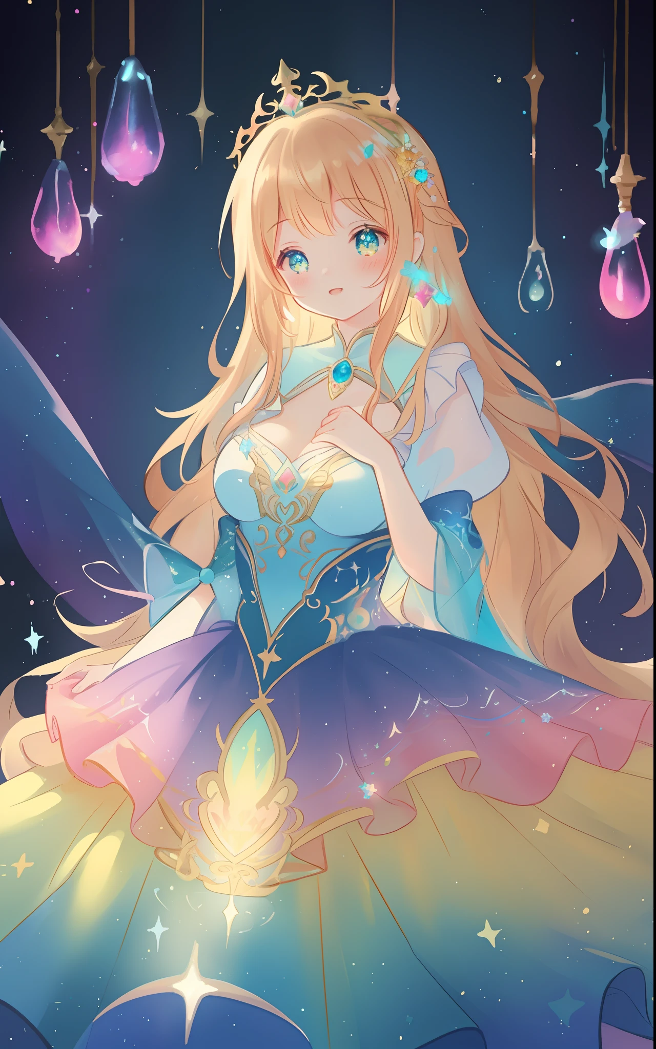 beautiful girl, puffy tiered rainbow ballgown, princess, intricate dress design, (colorful), long wavy hair, magical lights, sparkling magical liquid, inspired by Glen Keane, inspired by Lois van Baarle, disney art style, by Lois van Baarle, glowing aura around her, by Glen Keane, jen bartel, glowing lights! digital painting, flowing glowing hair, glowing flowing hair, beautiful digital illustration, fantasia background, whimsical, magical, fantasy, ((masterpiece, best quality)), intricate details, highly detailed, sharp focus, 8k resolution, sparkling detailed eyes, liquid watercolor