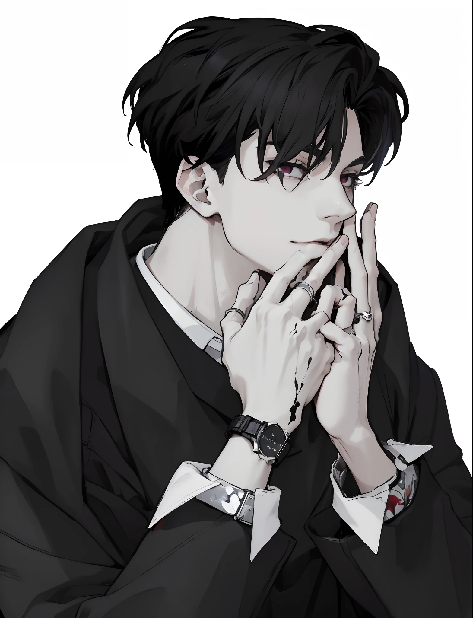 (highres, ultra detailed, HDR), masterpiece, best quality, 1man, solo, handsome, short hair, inumaki toge, facial tattoo, black hair, black jacket, watch, closed mouth, swirl, vortex, handsome anime poses, (masterpiece, best quality, ultra-detailed, best shadow), (plain white background), (hansome detailed face), high contrast, hyper detail, sharp face,red eyes, hair between eyes,dynamic angle), blood splatter, swirling black light around the character, depth of field,black light particles,(black jacket, white shirt, watch, ring),