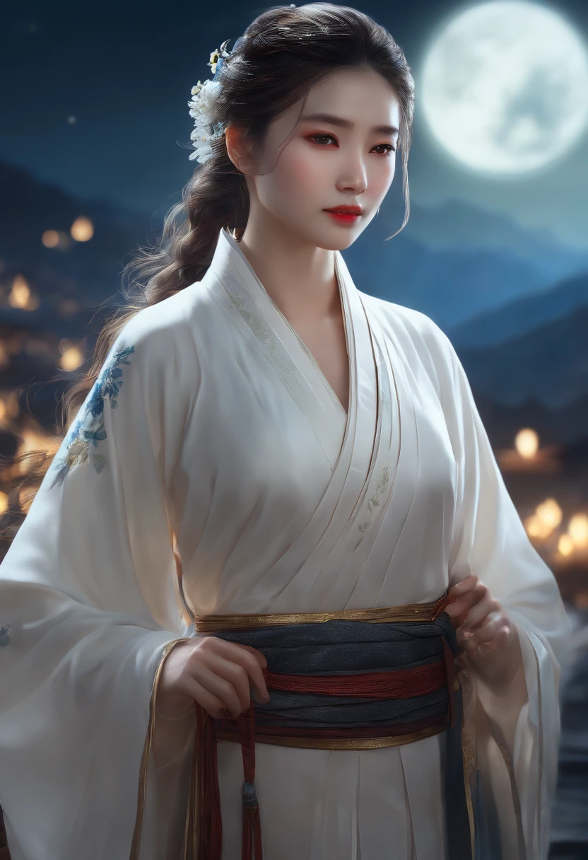 best quality, masterpiece, highres,, 1girl, Detailed face, (Upper body:1.6), Cyber cities, mountains and rivers, night, firefly lights, Realistic, rich in detail, (White hanfu:1.2), (beautiful body:1.4),
