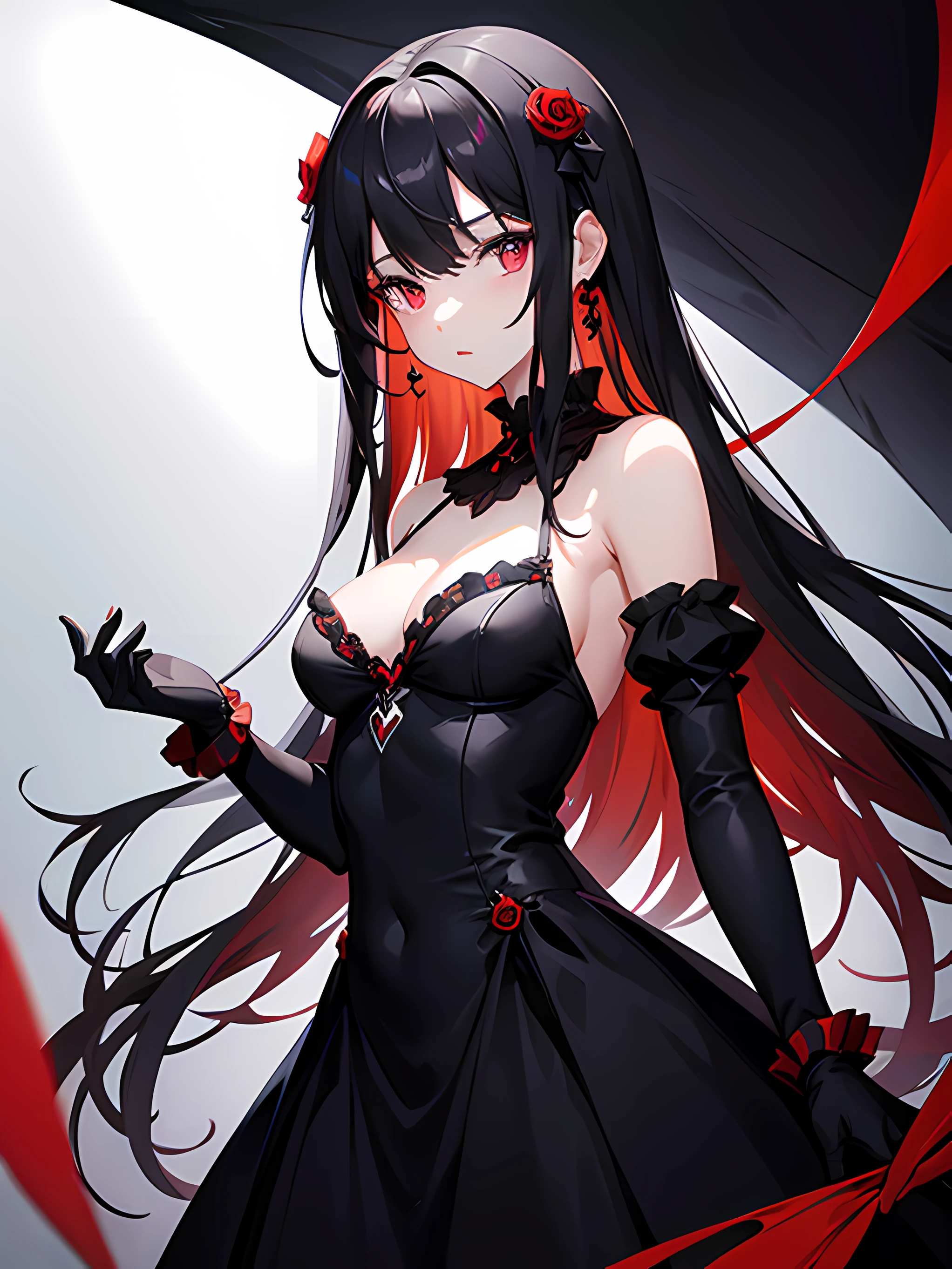 (masterpiece), 1girl, best quality, expressive eyes, perfect face, black hair, red eyes, right hand in hair, black gloves, petite, black dress, black white red, long dress, frilly dress, night, medium breasts