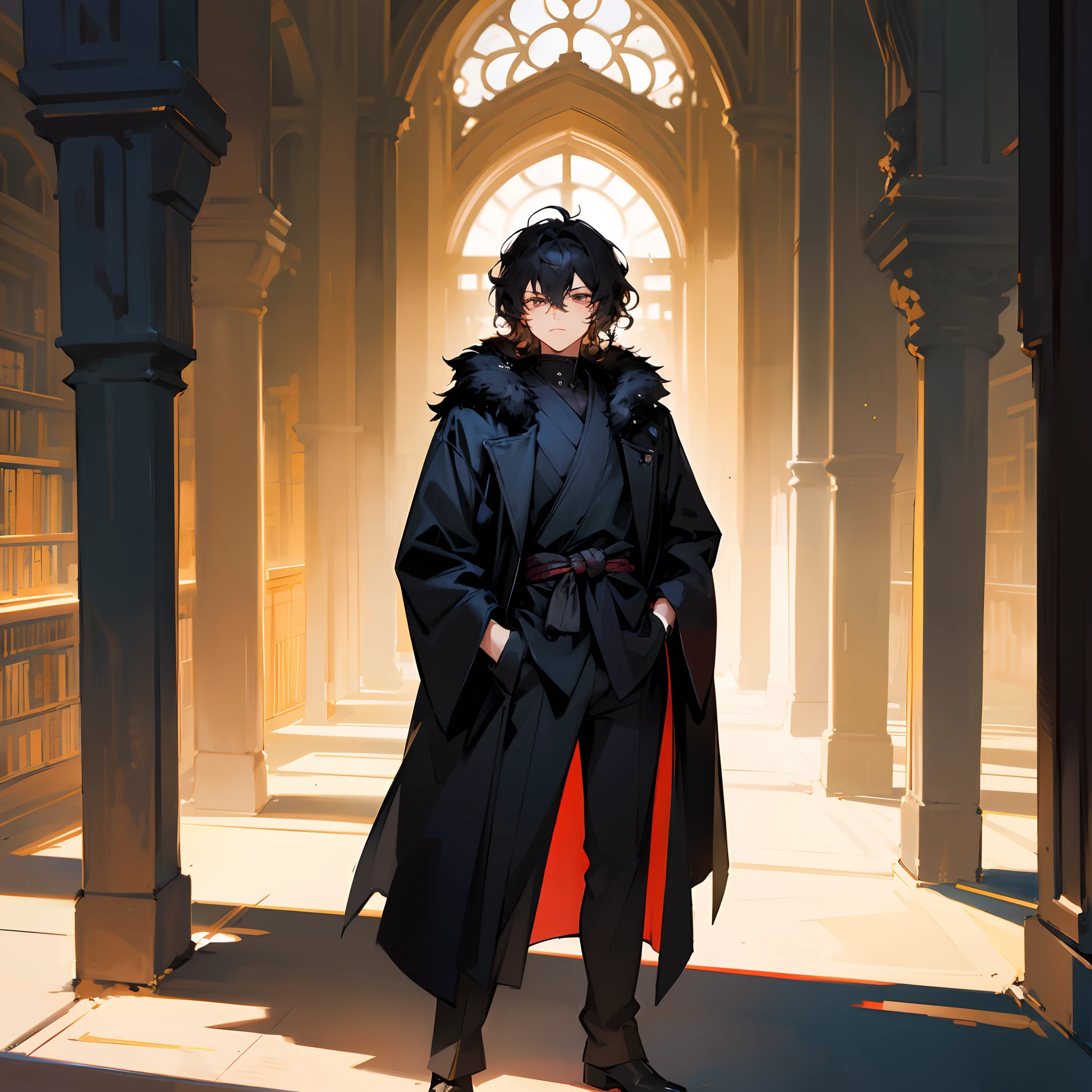 1male, adult, short layered hair, wavy hair, black hair, black fur coat, ninja outfit, hands in pocket, standing on path, old library, lazy expression