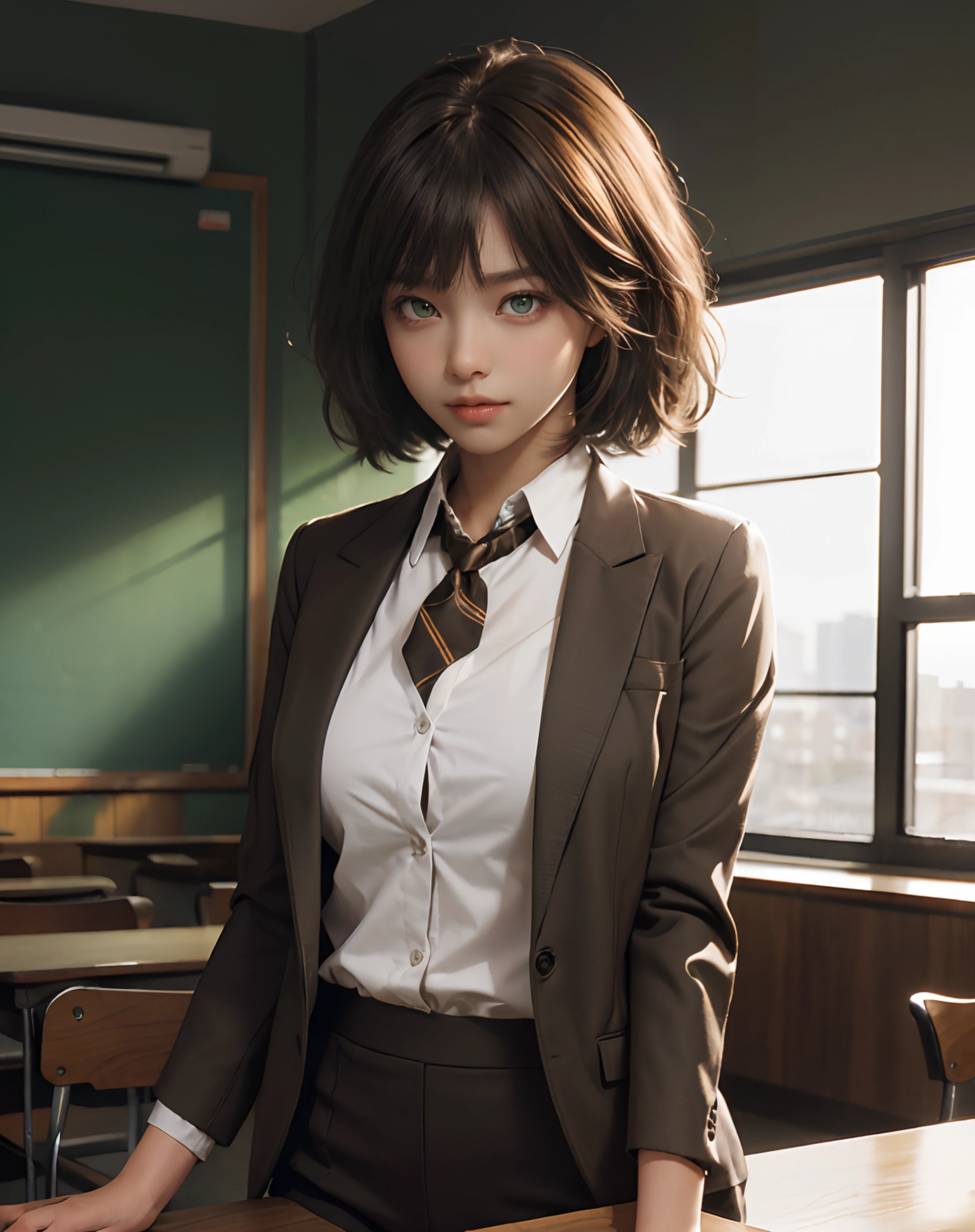 Girl:1.1,solo,standing on the table,bangs,short hair,on the table,(beautiful),(wearing schools uniforms), grey blazer. black and white clothes, detailed clothes,detailed, sweet, smirk,colorful, on the table, sunlighting,high angle, upper body,18 years old,large breast:1.2, thick thighs,cinematic lighting,(brown skin:1.6),cute face,green eyes,sharp focus, highly detail CG illustration,(classroom:1