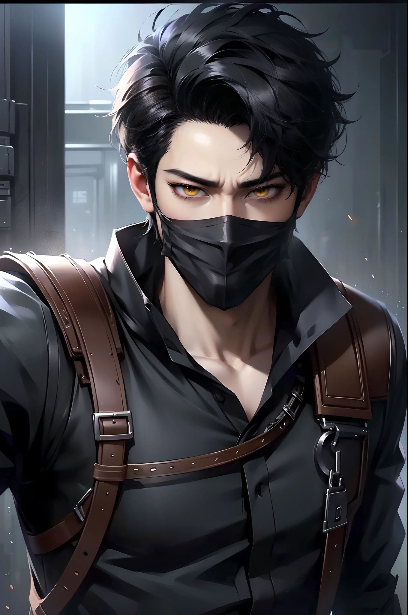 (4K works))、masterpiece、(top-quality)、Korean Male、Adult male、((Adult 26 years old))、((Face similar to Hyun Jin))、Cool Men、((Unmotivated look))、((Black Bad Boy Style))、((Wear a black mask))、((How to stand selling fights))、((Cheeky way of standing))、((hooligan))、((Black short-haired))、((Yellow eyes))、((shot from front))、((Looking down on the viewer))、((rearing))