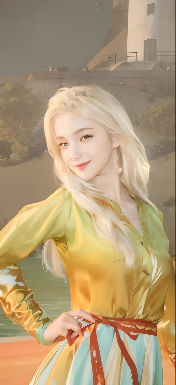 ((Best quality, 8k, Masterpiece :1.3)), 1girl, smiling, full body, slim face, Pretty woman, (Dark brown hair), full length dress :1.1, Ultra-detailed face, Detailed eyes, Double eyelid, blur background, slim face, city, outside, street,