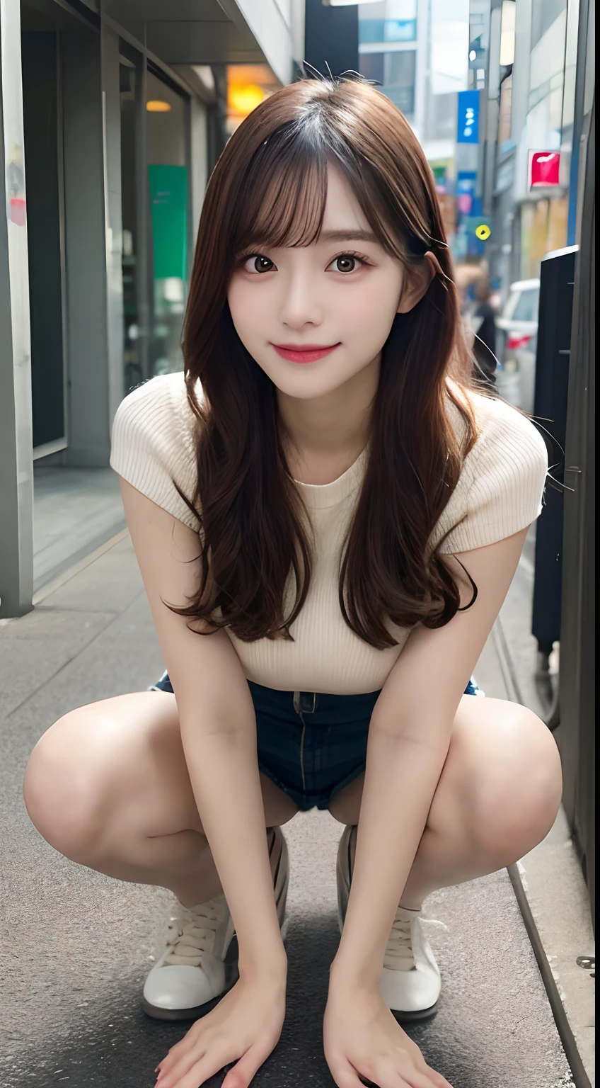 Tabletop, highest quality, shape, Very detailed, finely, High resolution, 8k wallpaper, 完璧なダイナミックな構shape, Beautiful and exquisite,ランダムなcute髪,,Natural color lip, Bold sexy pose,smile、20-year-old girl、cute、Looking into the camera,Always blur the background,Perfect and beautiful face,Slim face and figure,Big eyes、Putting on gal makeup,Small face,Shooting from below、smile,Blurred Background,Elegant feminine face、Cyberpunk Fashion、Change pose randomly、Randomly change the shooting angle and position、smile、Top to bottom々Shoot from the right angle and direction、Sexy Face、Get on all fours with your butt facing the camera