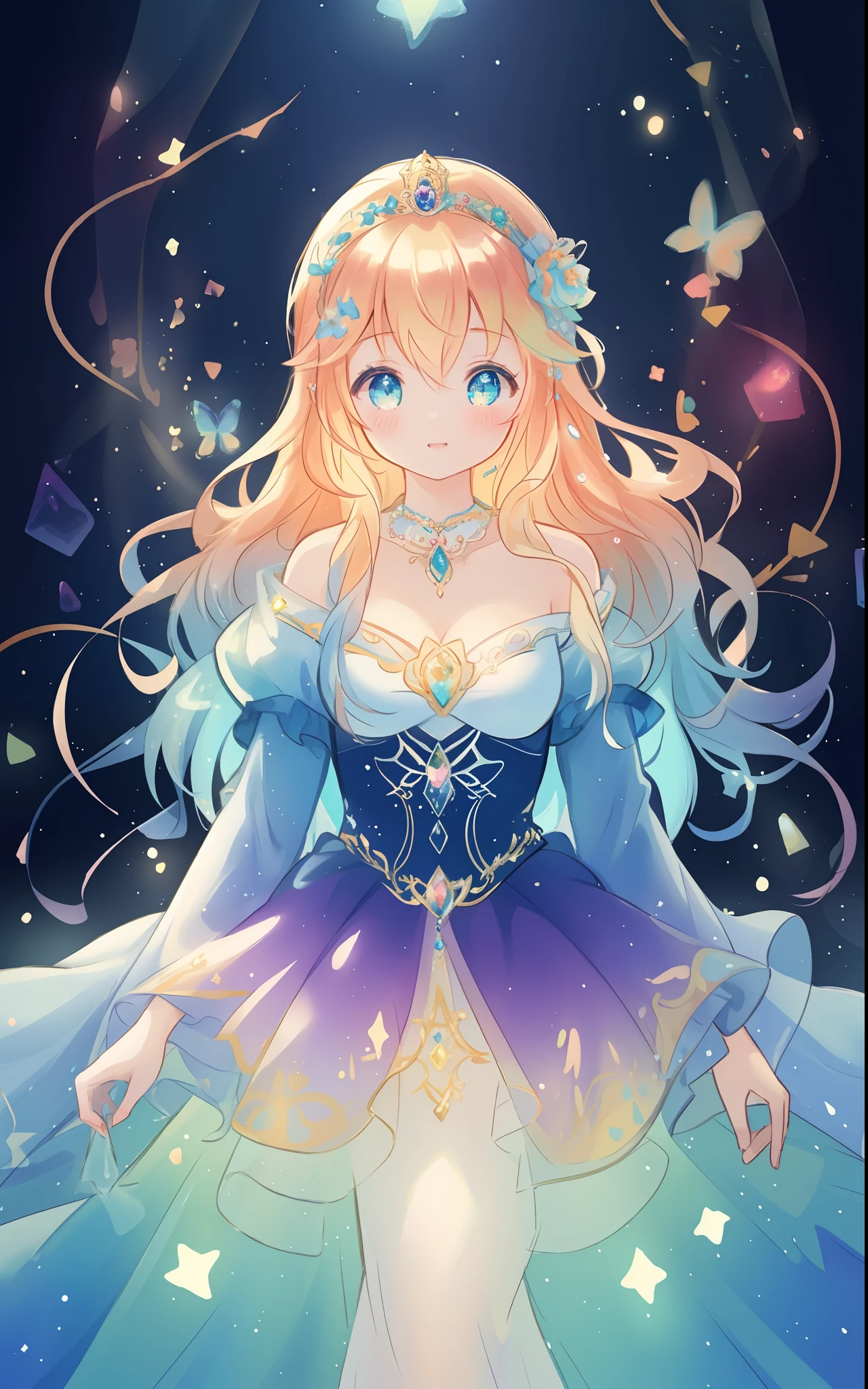 beautiful girl, puffy tiered rainbow ballgown, princess, intricate dress design, (colorful), long wavy hair, magical lights, sparkling magical liquid, inspired by Glen Keane, inspired by Lois van Baarle, disney art style, by Lois van Baarle, glowing aura around her, by Glen Keane, jen bartel, glowing lights! digital painting, flowing glowing hair, glowing flowing hair, beautiful digital illustration, fantasia background, whimsical, magical, fantasy, ((masterpiece, best quality)), intricate details, highly detailed, sharp focus, 8k resolution, sparkling detailed eyes, liquid watercolor