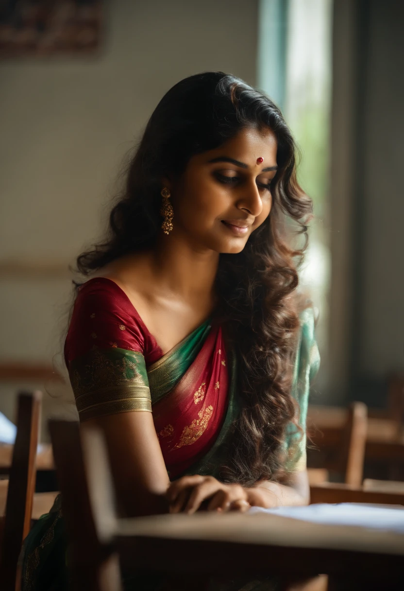 19 year old indian school teacher, height girl, in school classroom, wavy long dense hair, wet body,transparent saree, , boobs are clearly visible