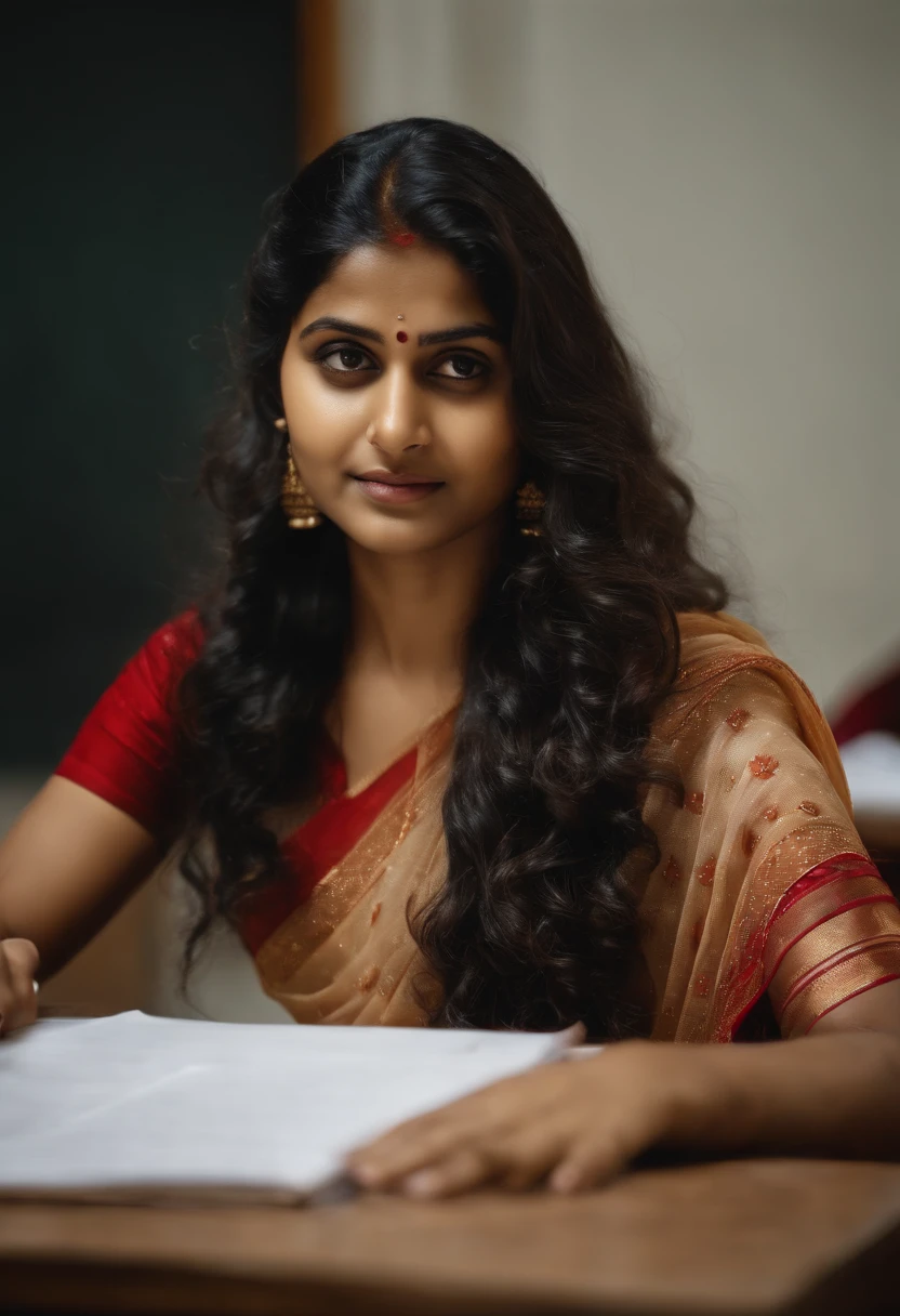 19 year old indian school teacher, height girl, in school classroom, wavy long dense hair, wet body,transparent saree, , boobs are clearly visible
