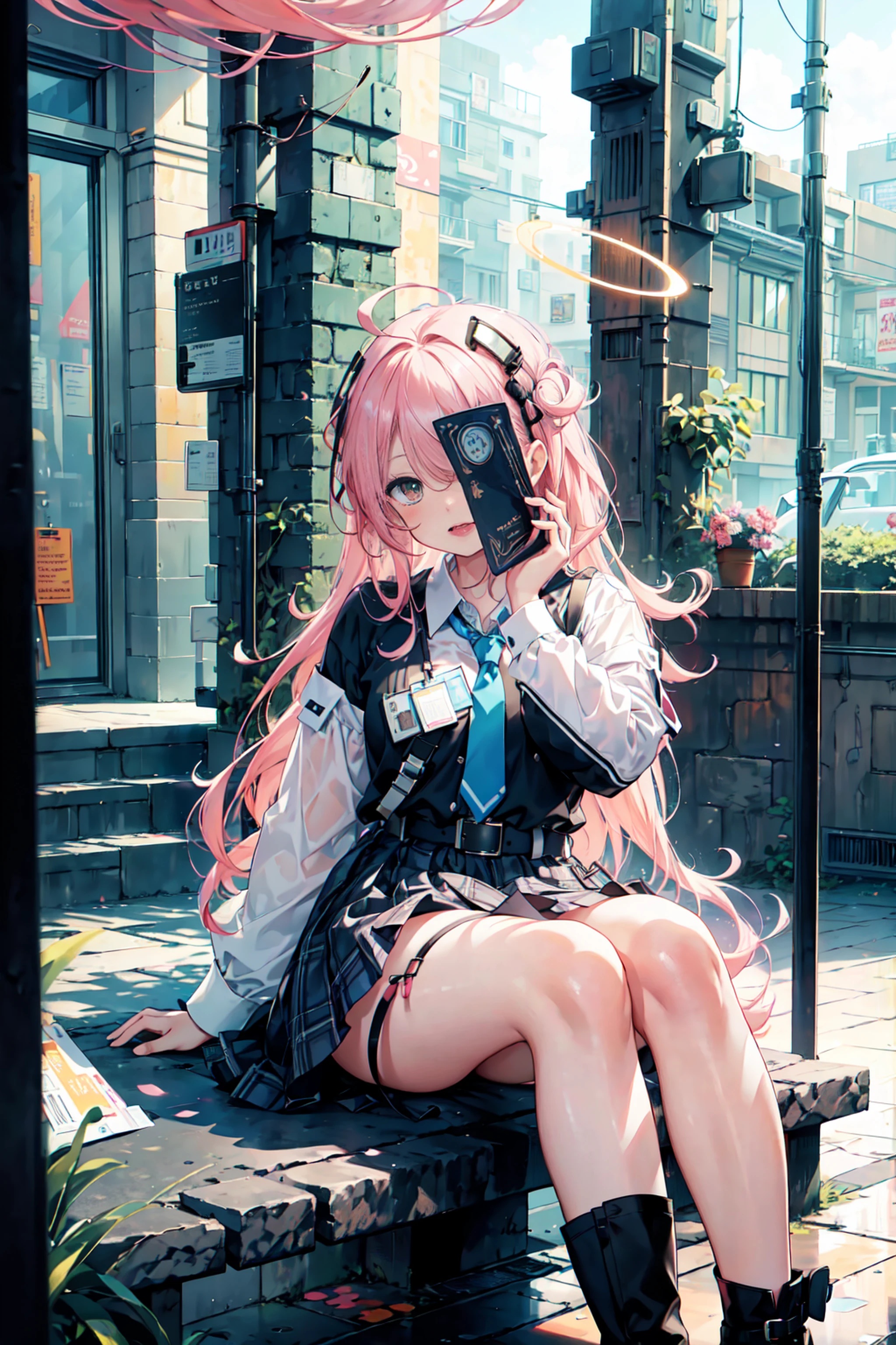 (best quality, 8k, masterpiece:1.2, nude:1.4 ),ultra-detailed,(realistic,photo-realistic,photo-realistic:1.37),1girl in, Hoshino (Blue Archive), Solo, Heterochromia, Pink hair, Skirt, Long hair, neck tie, Ahoge, Shirt, Halo, plaid skirts, Blue eyes, Plaid, Looking at Viewer, White shirt, Sitting, Orange Eyes, Chest Harness, Harnes, Long sleeves, ID Card, Open mouth, Very long hair, Collared shirt, Smile, blue necktie, Bangs, foot out of frame, between legs, hand between legs, blush, hair between eye, hight resolution,masutepiece, Best Quality.