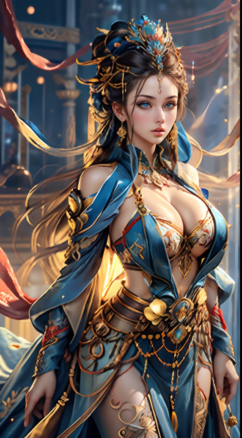 Best Quality, Masterpiece, Ultra-Detailed High Resolution, (Realistic: 1.4), Original Photo, , Illustration, 1 Girl, Handheld Weapon, (Solo Exhibition: 1.2), (Denim Lens: 1.2), (Hair Crown: 1.5), cyberpunk Iran Traditional Costume, No Straps, (Black Eyeliner: 1.2), big breasts, big chest,(Blue Eyes: 1.4), Earrings, Dynamic Angle, Opera House, messy_long_hair, Ink, Movie Lights, lens_flare, Velvet, Chrysanthemum, Tassels, Ribbon, colorful embroidery, red upper body, facing the camera, dynamic pose, large chest, embroidered cloth shoes, NSFW, (((Huge breasts, Large cleavage)))