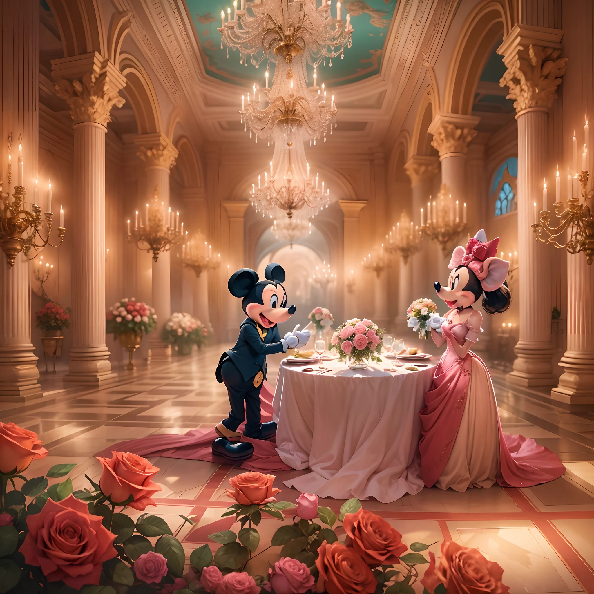 Por favor, Create an enchanting scene with Mickey Mouse and Minnie Mouse at a lavish dinner party inside an epic palace. The room is illuminated by a pink crystal chandelier providing an elegant and romantic atmosphere at dusk, The scene is depicted in an art style reminiscent of a fairy tale, with additional elements that include live music in the background. Mickey Mouse lovingly hands Minnie Mouse a beautiful bouquet of red roses and makes a special marriage proposal. Capturing the emotion and love in that moment is essential. The scene should reflect the couple's joy and affection in this memorable moment."