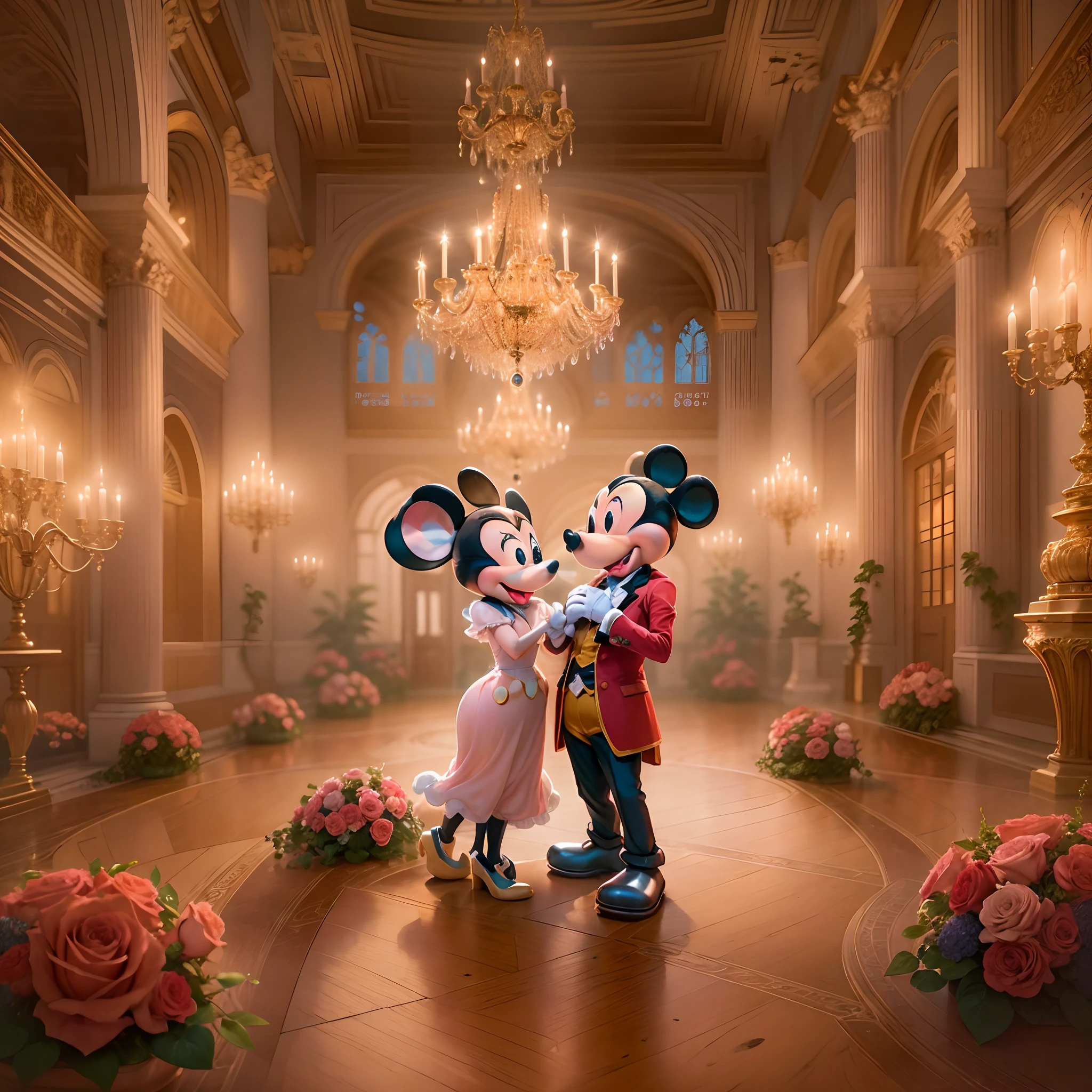 Por favor, Create an enchanting scene with Mickey Mouse and Minnie Mouse at a lavish dinner party inside an epic palace. The room is illuminated by a pink crystal chandelier providing an elegant and romantic atmosphere at dusk, The scene is depicted in an art style reminiscent of a fairy tale, with additional elements that include live music in the background. Mickey Mouse lovingly hands Minnie Mouse a beautiful bouquet of red roses and makes a special marriage proposal. Capturing the emotion and love in that moment is essential. The scene should reflect the couple's joy and affection in this memorable moment."