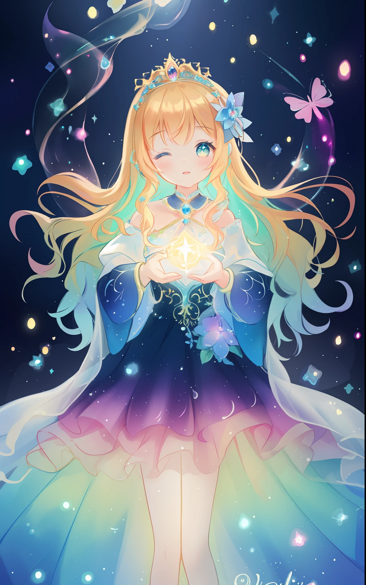 beautiful girl, puffy tiered rainbow ballgown, princess, intricate dress design, (colorful), long wavy hair, magical lights, sparkling magical liquid, inspired by Glen Keane, inspired by Lois van Baarle, disney art style, by Lois van Baarle, glowing aura around her, by Glen Keane, jen bartel, glowing lights! digital painting, flowing glowing hair, glowing flowing hair, beautiful digital illustration, fantasia background, whimsical, magical, fantasy, ((masterpiece, best quality)), intricate details, highly detailed, sharp focus, 8k resolution, sparkling detailed eyes, liquid watercolor