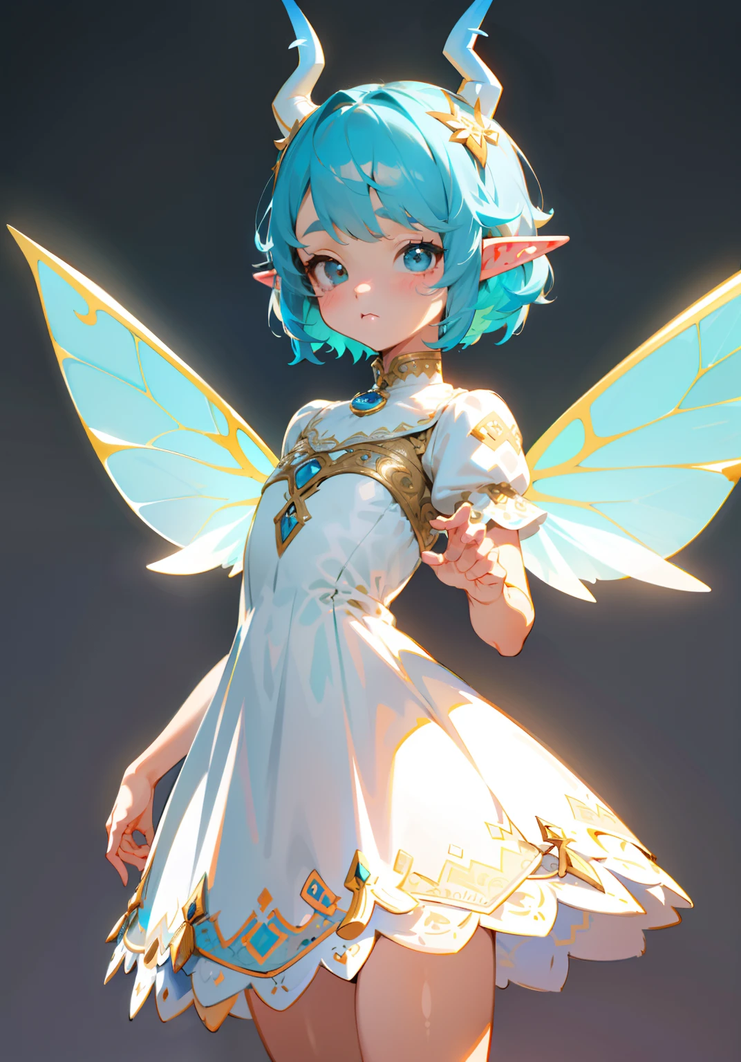 1GIRL, cute girl, finely detailed, (best quality), (intricate details), cute style, nymph style, fantasy style, multicolored, ((short blue hair)), ((white horns)), ((elf ears)), fairy wings, best quality, ((short puffy white dress)), ((round eyes)), beautiful face, standing, cute pose, cute face, pinup, perfect face, simple background portrait