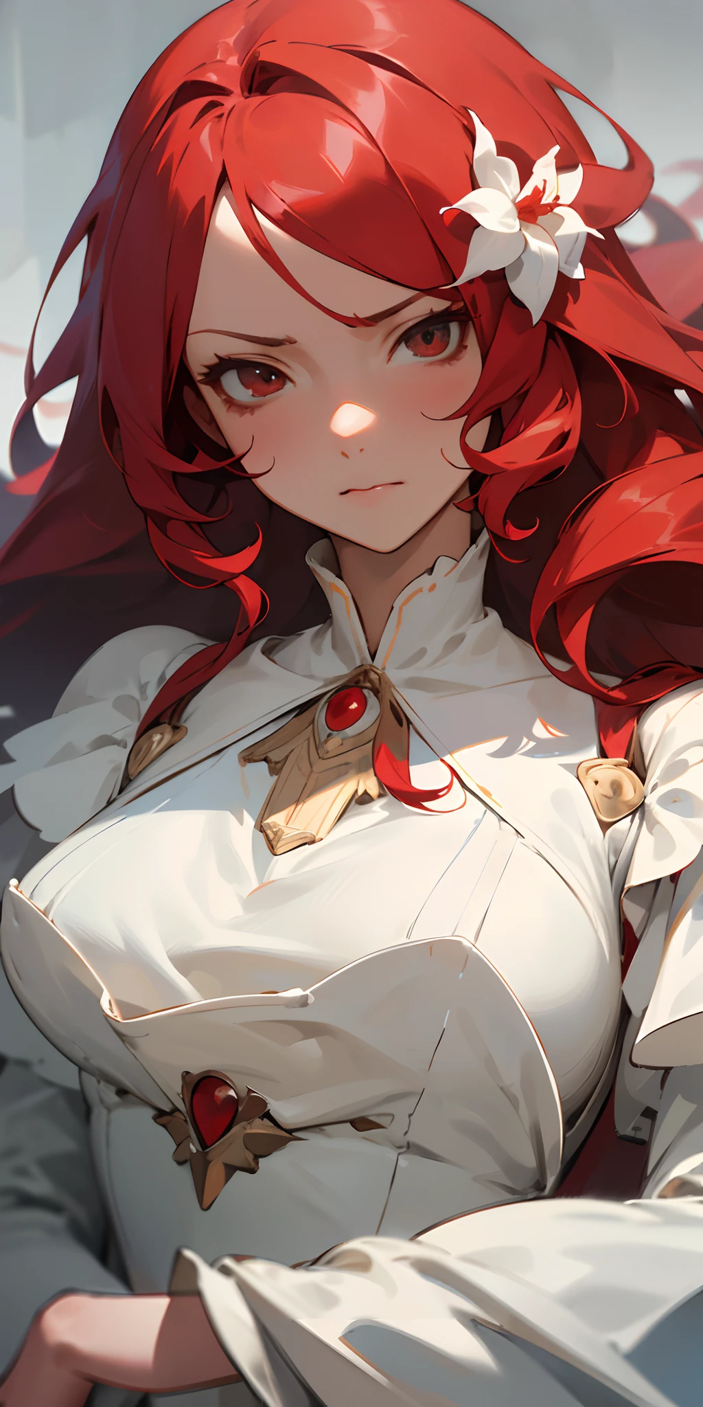 ((Retina)), masterpiece, anatomically correct, textured skin, super detail, high detail, high quality, best quality, highres, 4K, (Detailed Lights, Detailed Shadows), 1Woman, Close-up,half body Portrait, (Half Body), Extremely Detailed Clothes, Detailed Skin, Perfect Body,anime girl with long red hair and one single white flower on the right of her hair, detailed portrait of anime girl, mediaval, noble dress, royal dress, cream dress with black embriodery, gothic cream dresses, long dress,angry