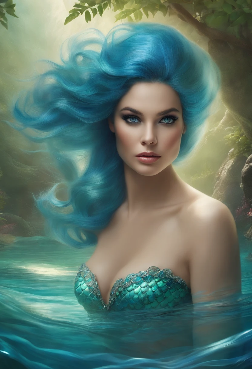 /imagine prompt: color photo of a mesmerizing mermaid with long flowing azure blue hair cascading down her back, complementing her enchanting Tiffany blue tail. Her iridescent scales shimmer with a captivating iridescence, reflecting hues of turquoise and aquamarine. Her delicate features are accentuated by piercing sapphire eyes, which hold a mysterious allure. The photo captures her gracefully gliding through the crystal-clear waters, surrounded by a vibrant marine ecosystem teeming with colorful coral reefs and exotic sea creatures. —c 10 —ar 2:3