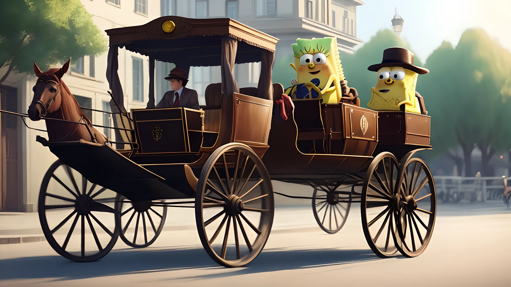 SpongeBob SquarePants riding a horse drawn carriage