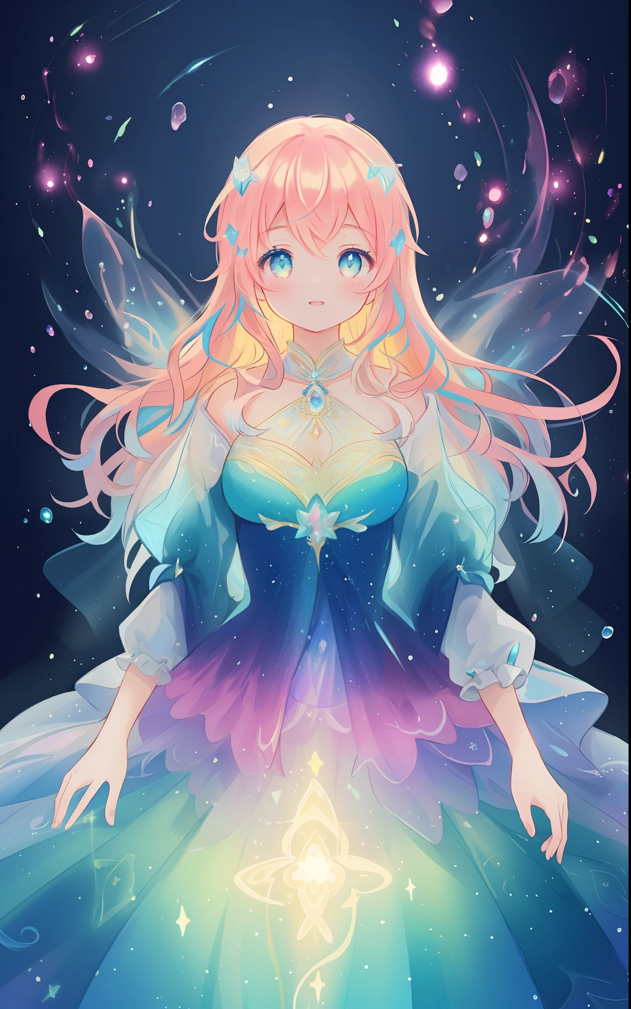 beautiful girl, puffy tiered rainbow ballgown, princess, intricate dress design, (colorful), long wavy hair, magical lights, sparkling magical liquid, inspired by Glen Keane, inspired by Lois van Baarle, disney art style, by Lois van Baarle, glowing aura around her, by Glen Keane, jen bartel, glowing lights! digital painting, flowing glowing hair, glowing flowing hair, beautiful digital illustration, fantasia background, whimsical, magical, fantasy, ((masterpiece, best quality)), intricate details, highly detailed, sharp focus, 8k resolution, sparkling detailed eyes, liquid watercolor