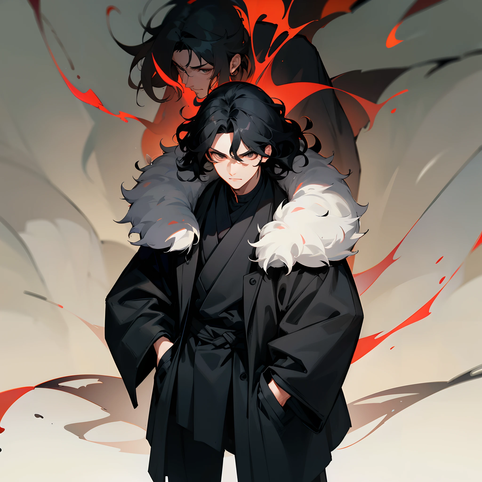 1male, adult, short layered hair, wavy hair, black hair, black fur coat, ninja outfit, hands in pocket, standing on path, old library, lazy expression